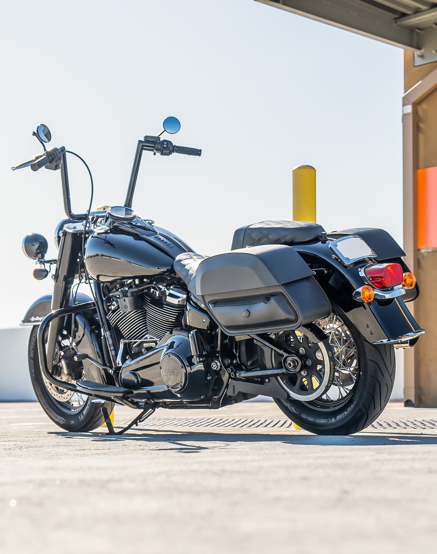 28L - Pantheon Medium Hard Mount Leather Saddlebags for Harley Softail Heritage FLHC/S Lifestyle