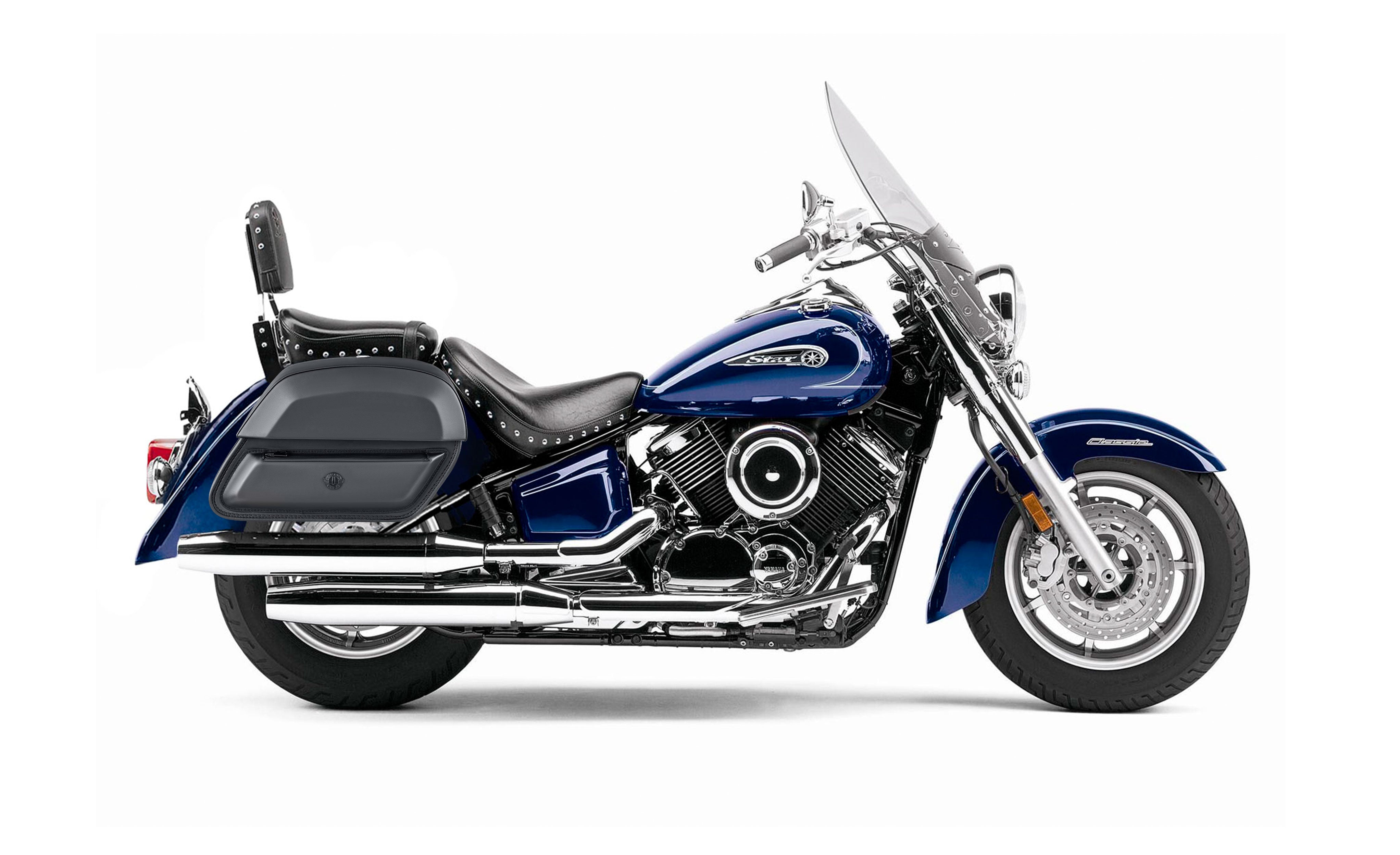 28L - Pantheon Medium Yamaha Silverado Leather Motorcycle Saddlebags BAG on Bike View @expand