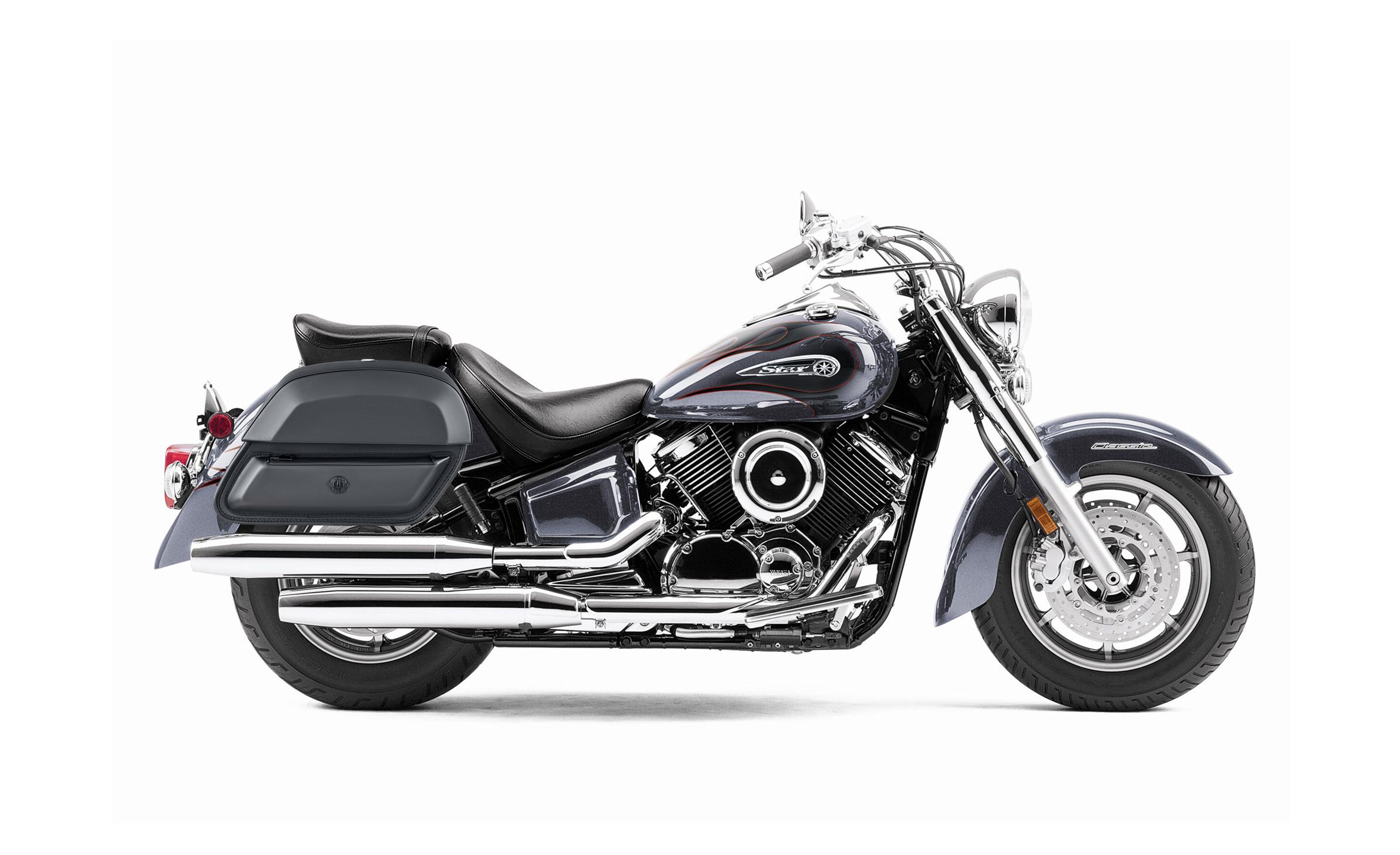 28L - Pantheon Medium Yamaha V Star 1100 Classic XVS11A Leather Motorcycle Saddlebags BAG on Bike View @expand