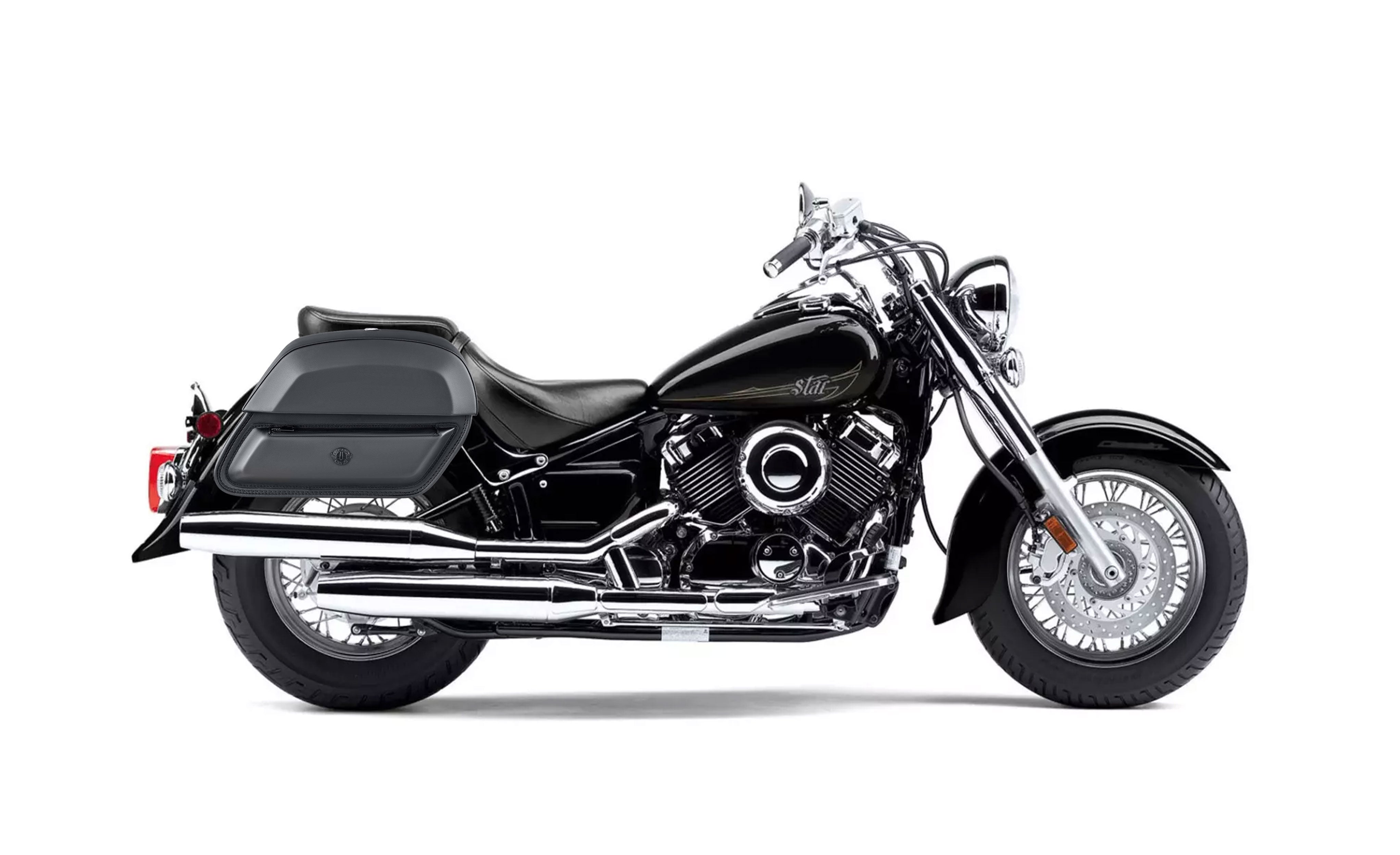 28L - Pantheon Medium Yamaha V Star 650 Classic XVS65A Leather Motorcycle Saddlebags BAG on Bike View @expand