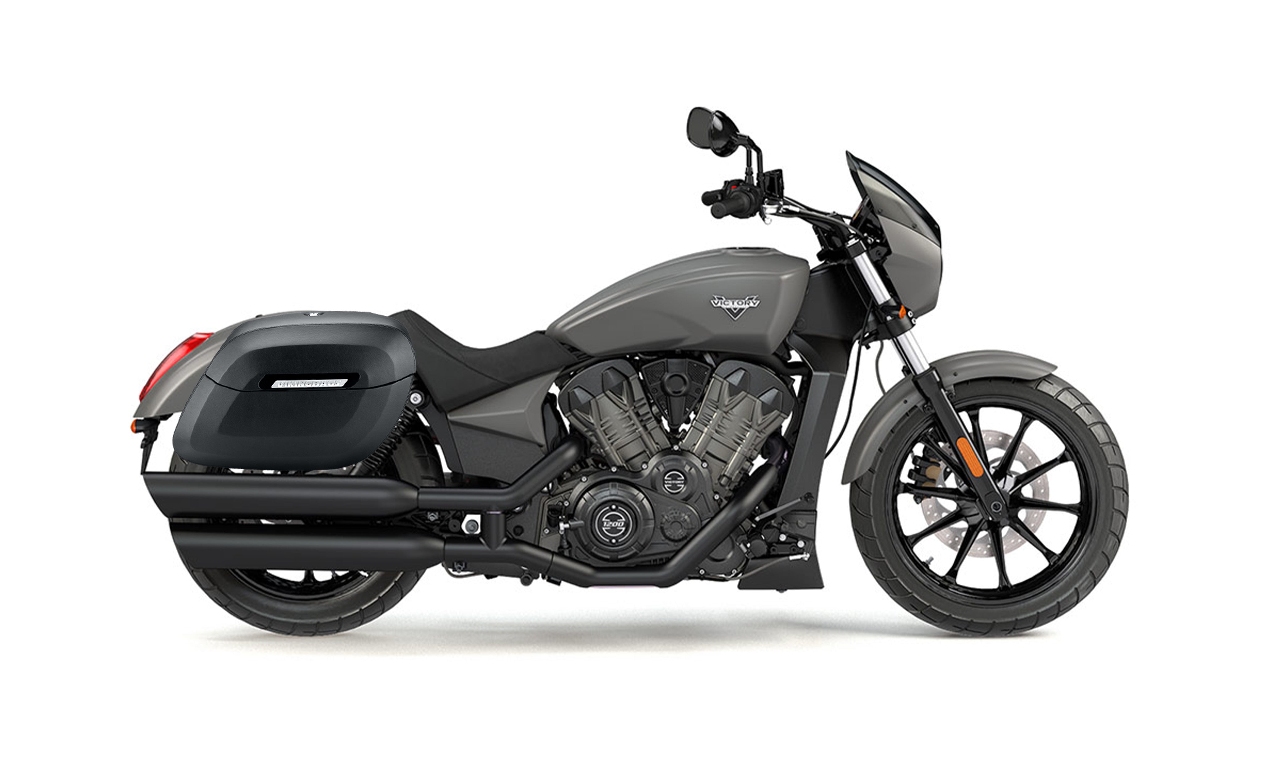 34L - Lamellar Raven XL Shock Cut-out Victory Octane Leather Covered Hard Saddlebags Bag on Bike @expand