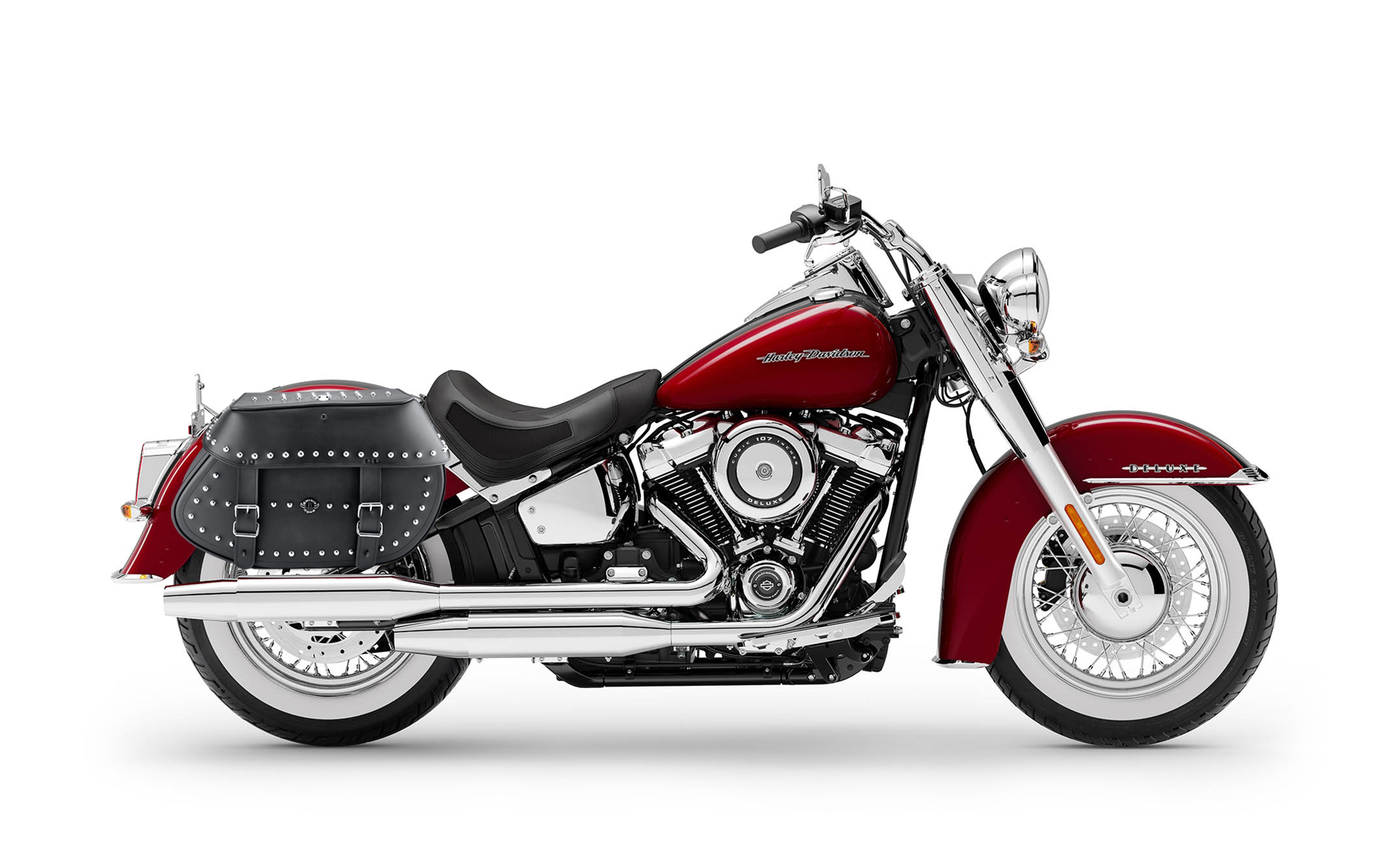35L - Legacy Extra Large Studded Leather Saddlebags for Harley Softail Deluxe FLDE Bag on Bike @expand