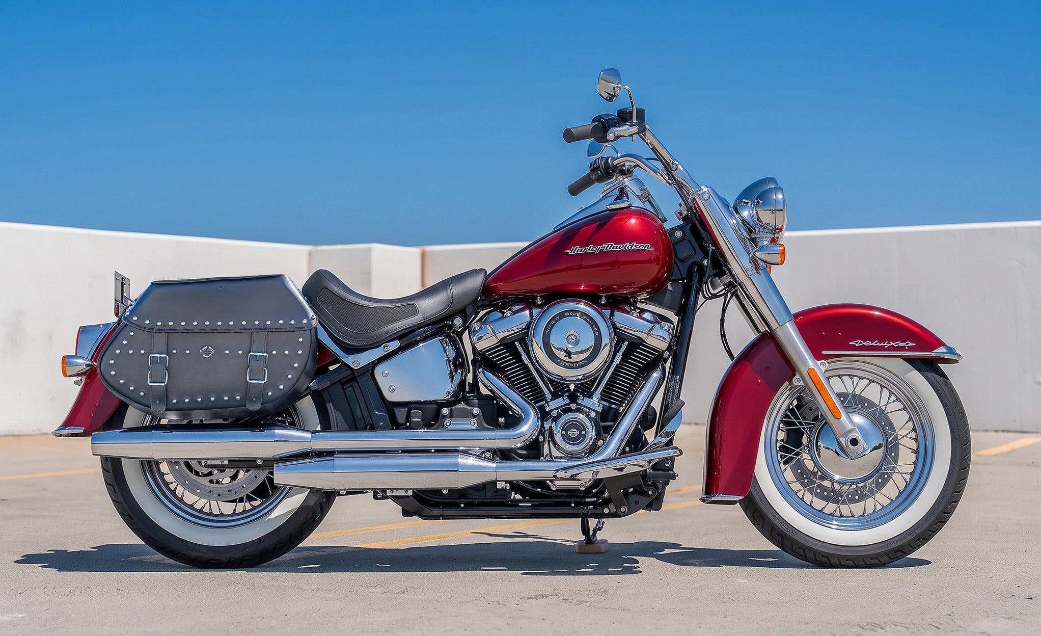 35L - Legacy Extra Large Studded Leather Saddlebags for Harley Softail Deluxe FLDE Lifestyle @expand