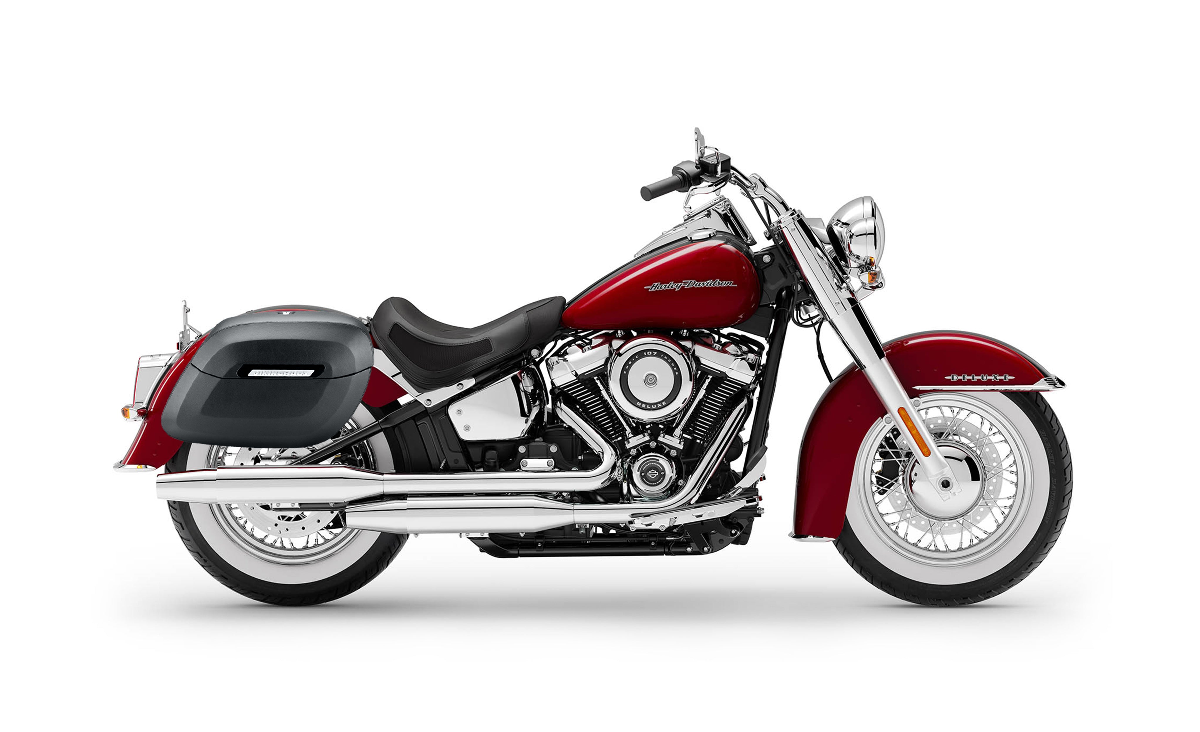 40L - Lamellar Raven Extra Large Leather Covered Hard Saddlebags for Harley Softail Deluxe FLDE Bag on Bike @expand