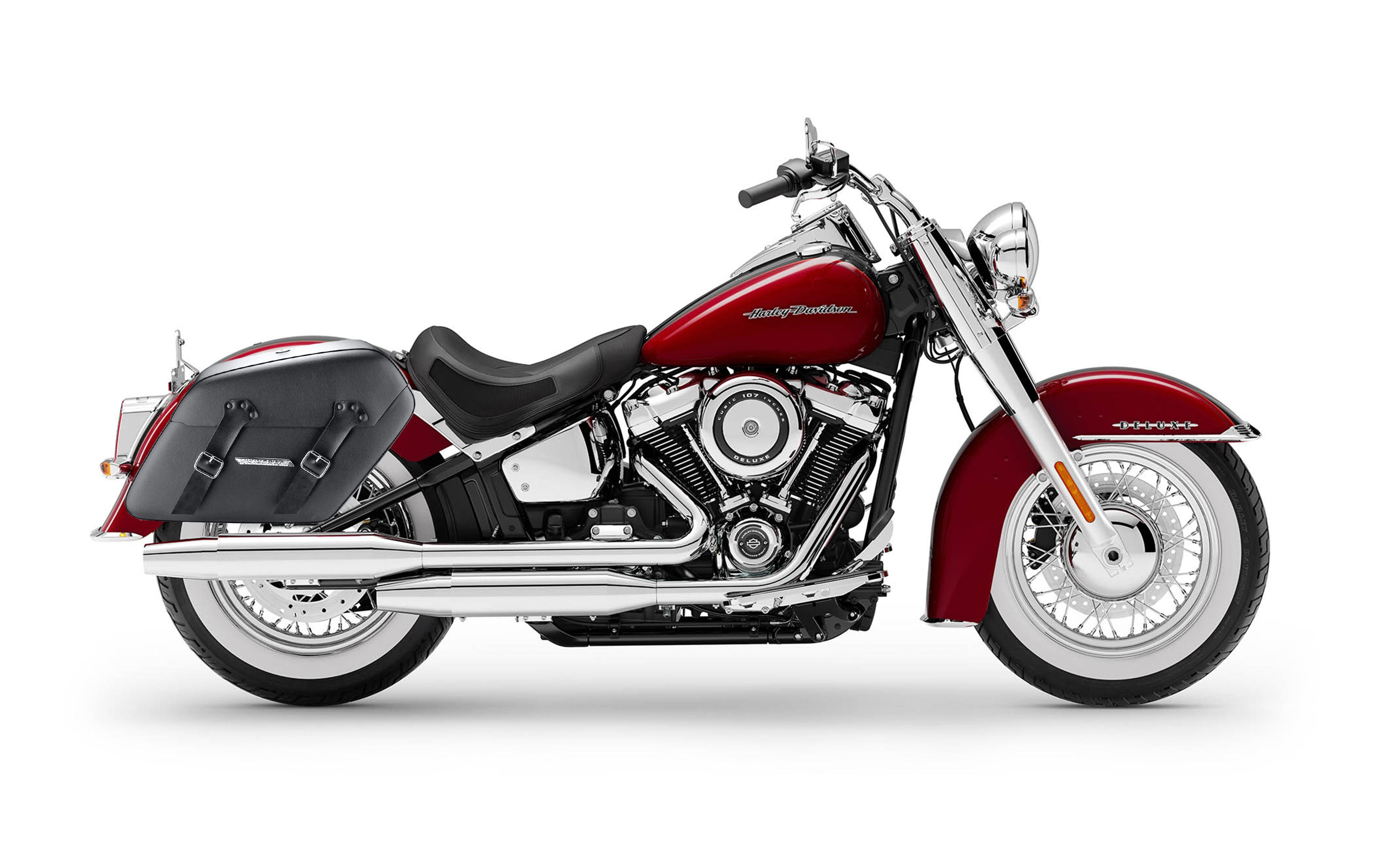 42L - Baldur Extra Large Leather Wrapped Hard Saddlebags for Harley Softail Deluxe FLDE Bag on Bike @expand
