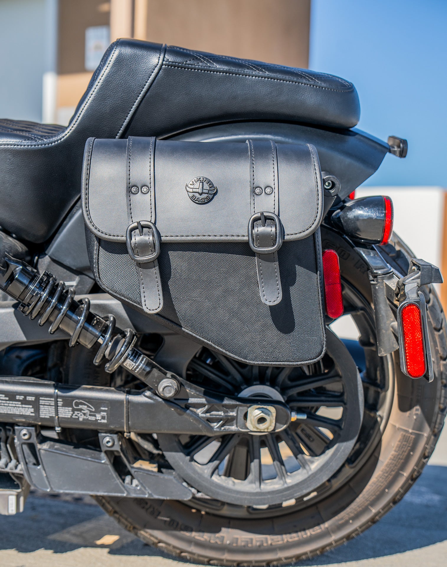 8L - Pony Indian Scout Sixty Bobber Leather Motorcycle Saddlebags Lifestyle
