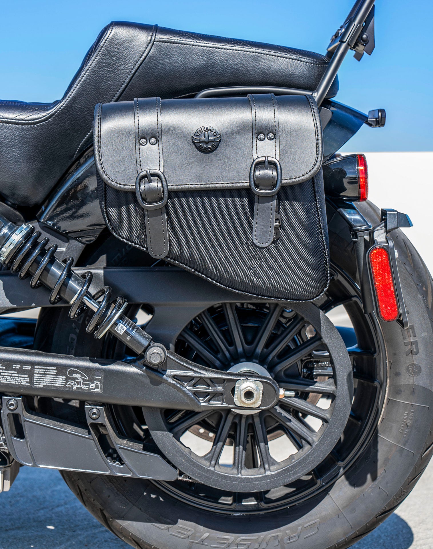 8L - Pony Indian Scout Sixty Bobber Leather Motorcycle Saddlebags Lifestyle