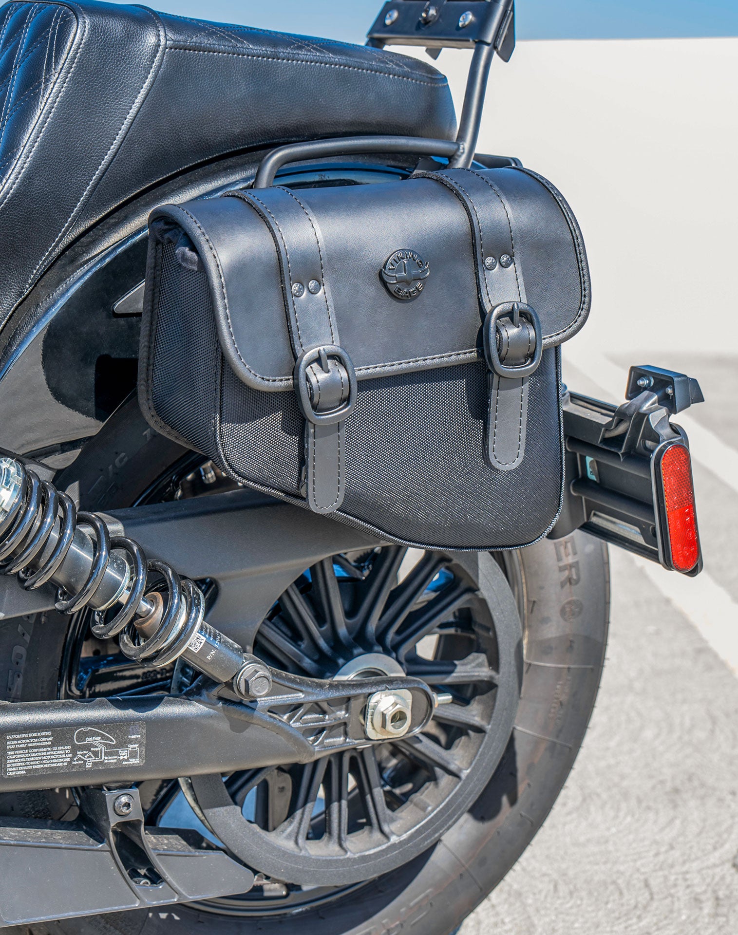 8L - Pony Indian Scout Sixty Bobber Leather Motorcycle Saddlebags Lifestyle