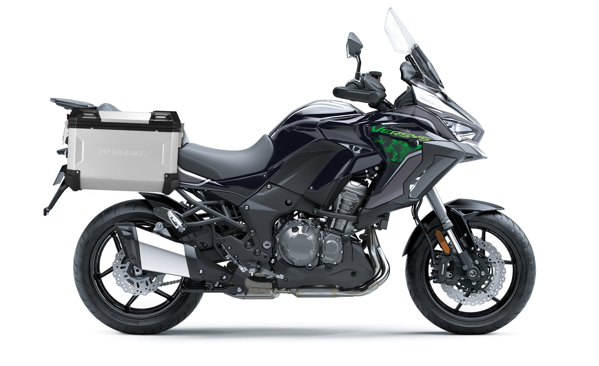 45L - Apex XL Kawasaki VERSYS 1000 Aluminum Side Cases Silver Bag on Bike View @expand
