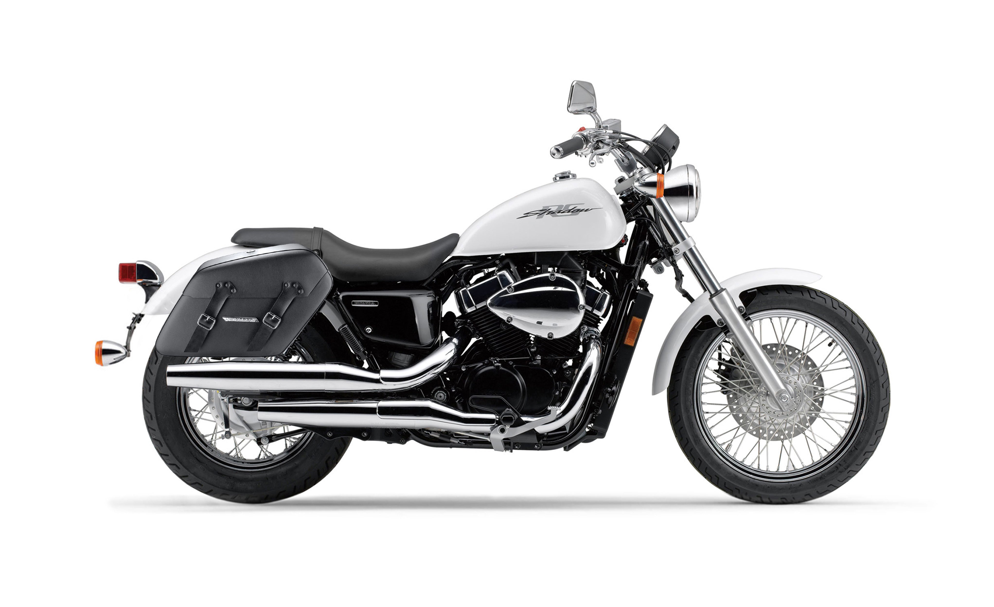 38L - Baldur XL Shock Cutout Honda Shadow 750 RS Leather Wrapped Hard Saddlebags Bag on Bike @expand