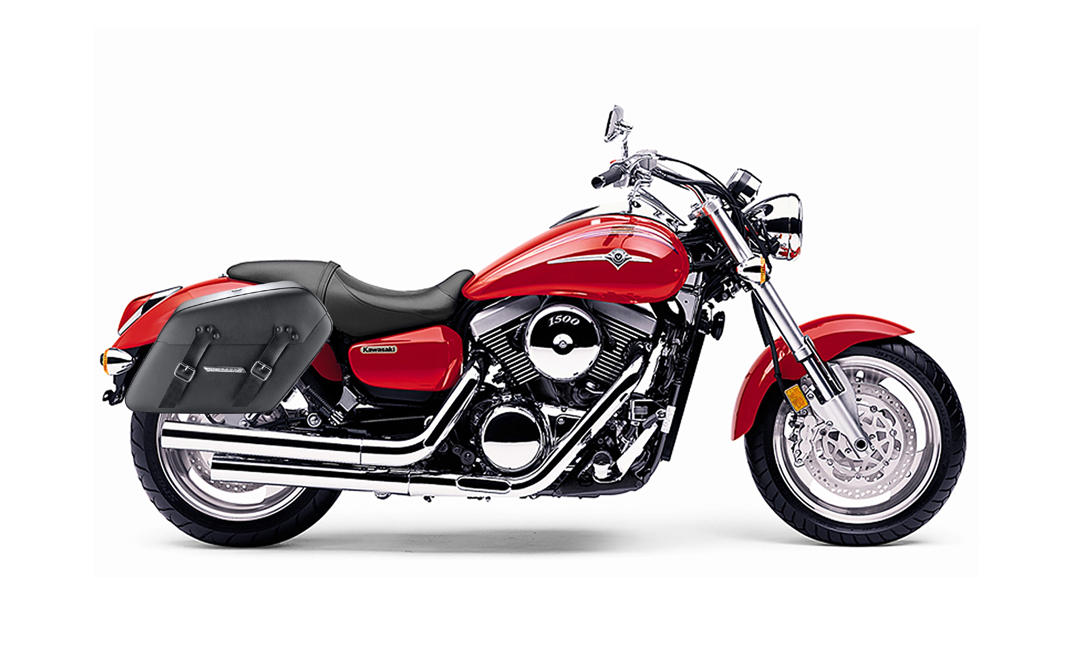 38L - Baldur XL Shock Cutout Kawasaki Mean Streak 1500 Leather Wrapped Hard Saddlebags Bag on Bike @expand
