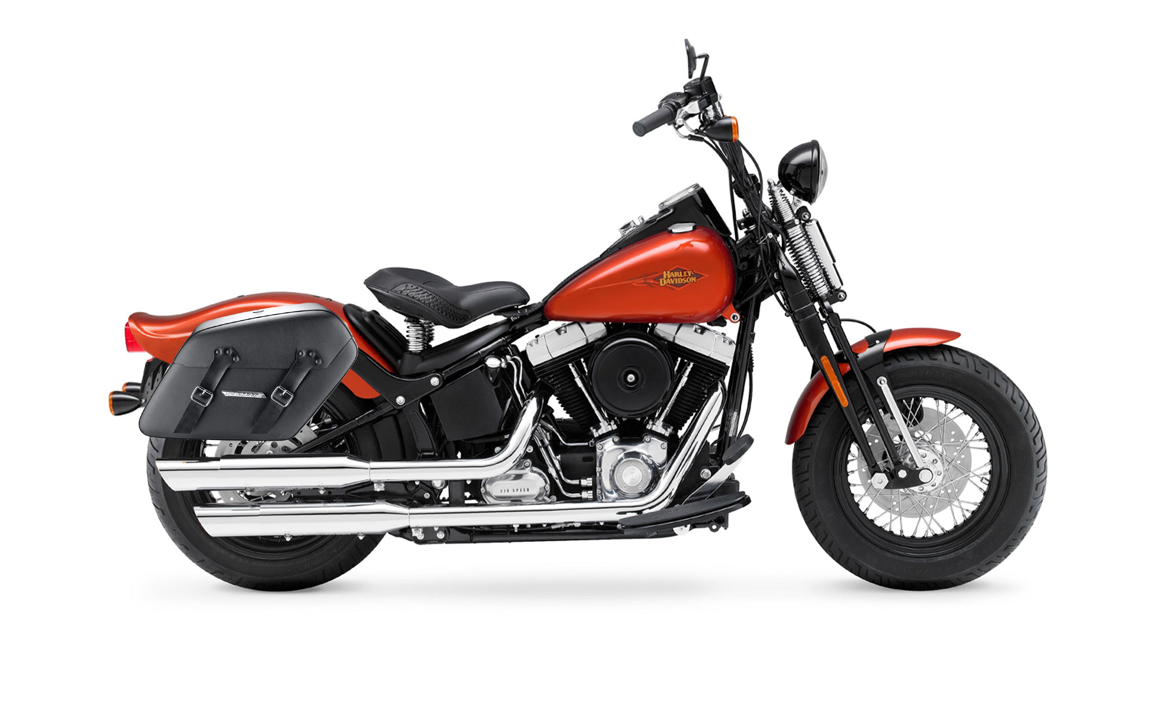 42L - Baldur Extra Large Leather Wrapped Motorcycle Hard Saddlebags for Harley Softail Cross Bones FLSTSB Bag on Bike @expand