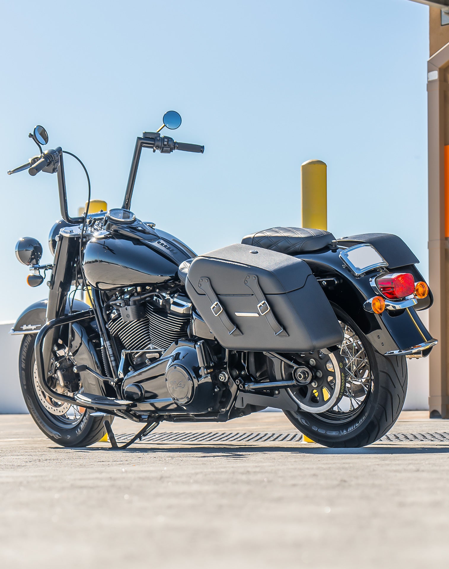 42L - Baldur Extra Large Leather Wrapped Motorcycle Hard Saddlebags for Harley Softail Heritage FLHC/S Lifestyle