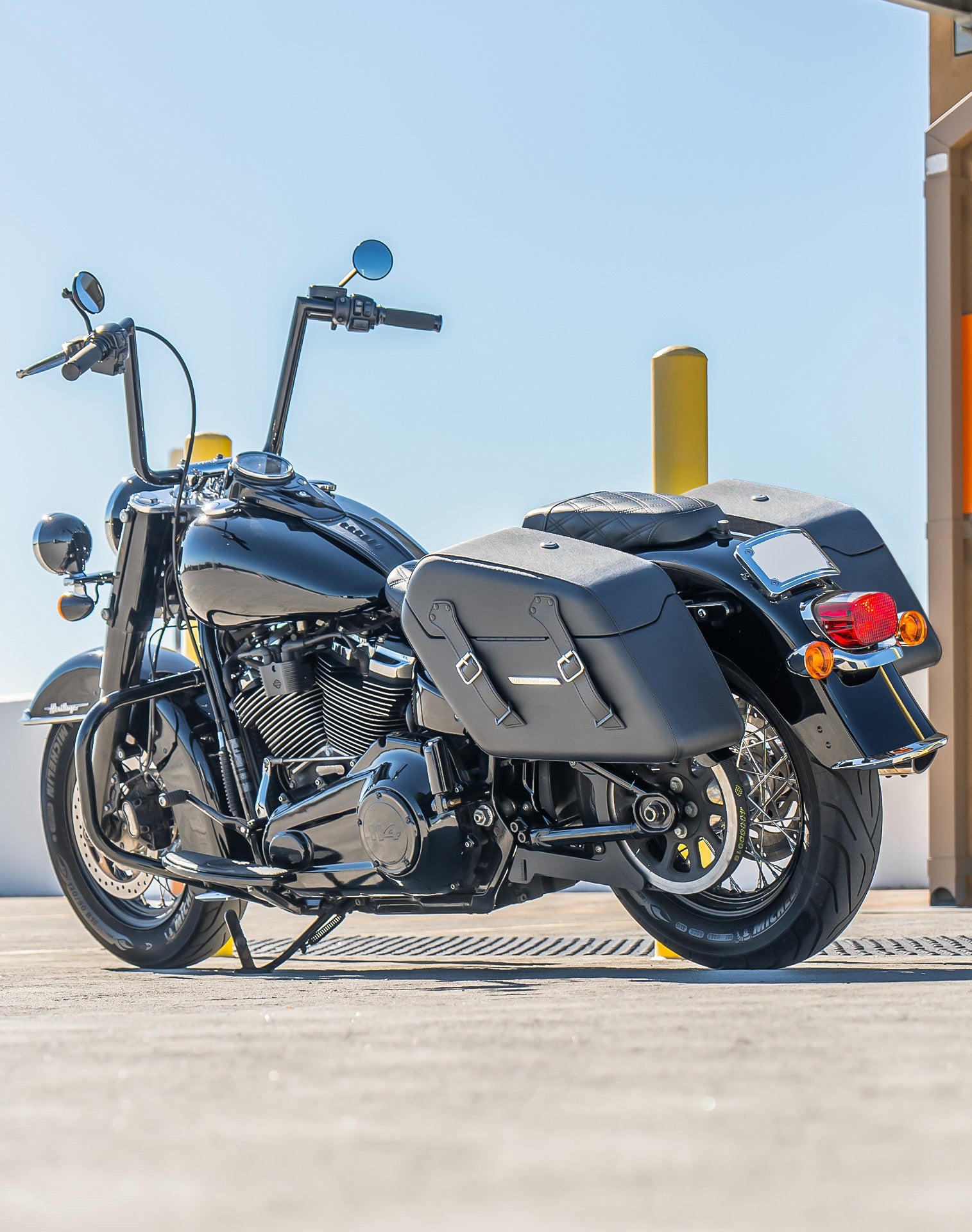 42L - Baldur Extra Large Leather Wrapped Motorcycle Hard Saddlebags for Harley Softail Heritage FLHC/S Lifestyle