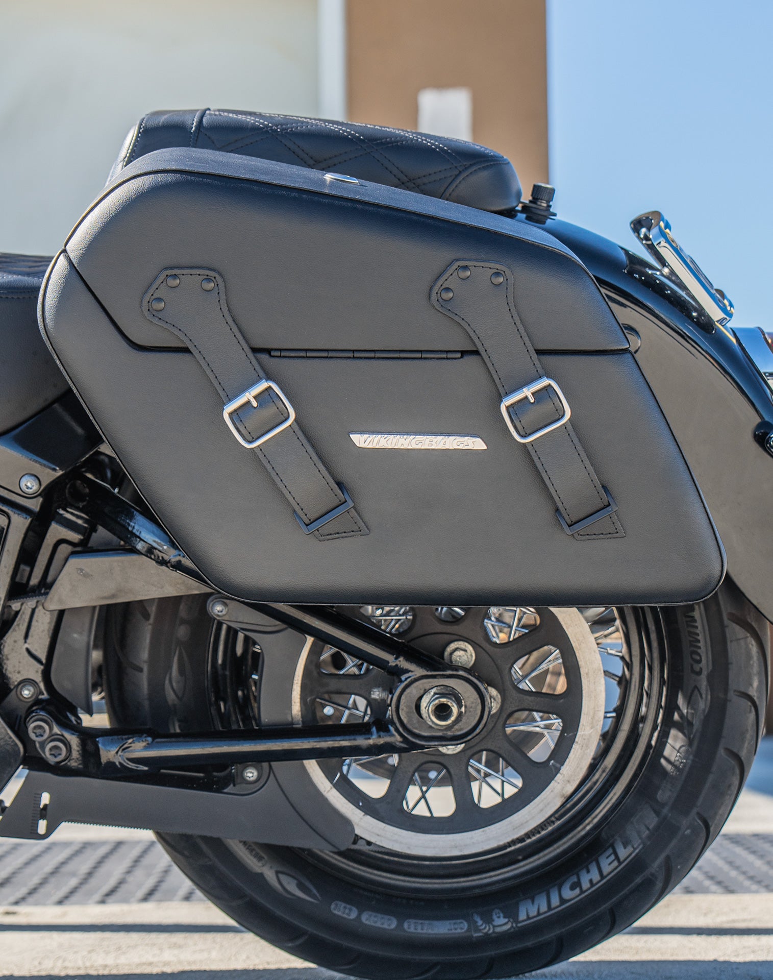 42L - Baldur Extra Large Leather Wrapped Motorcycle Hard Saddlebags for Harley Softail Heritage FLHC/S Lifestyle