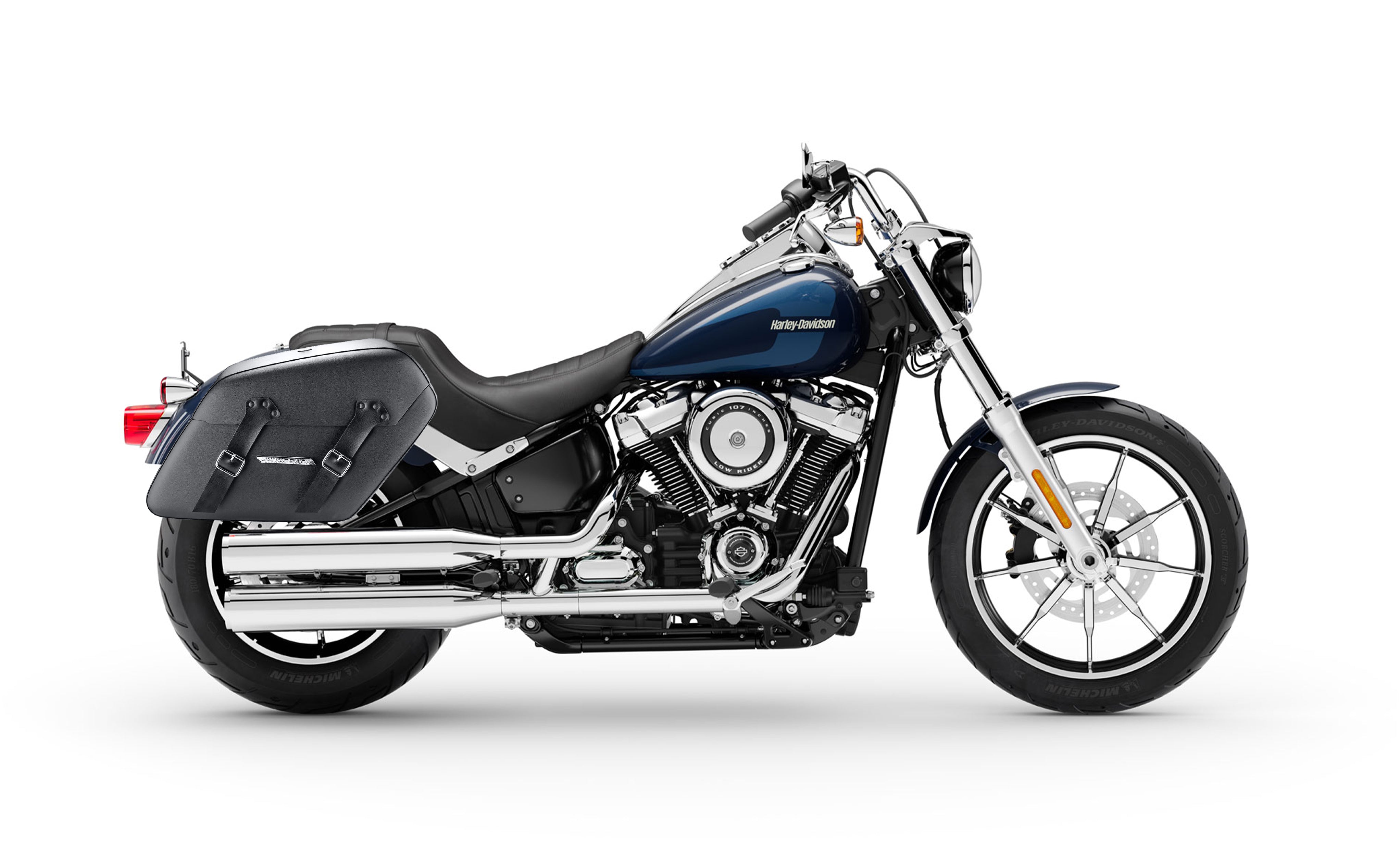 42L - Baldur Extra Large Leather Wrapped Motorcycle Hard Saddlebags for Harley Softail Low Rider FXLR Bag on Bike @expand