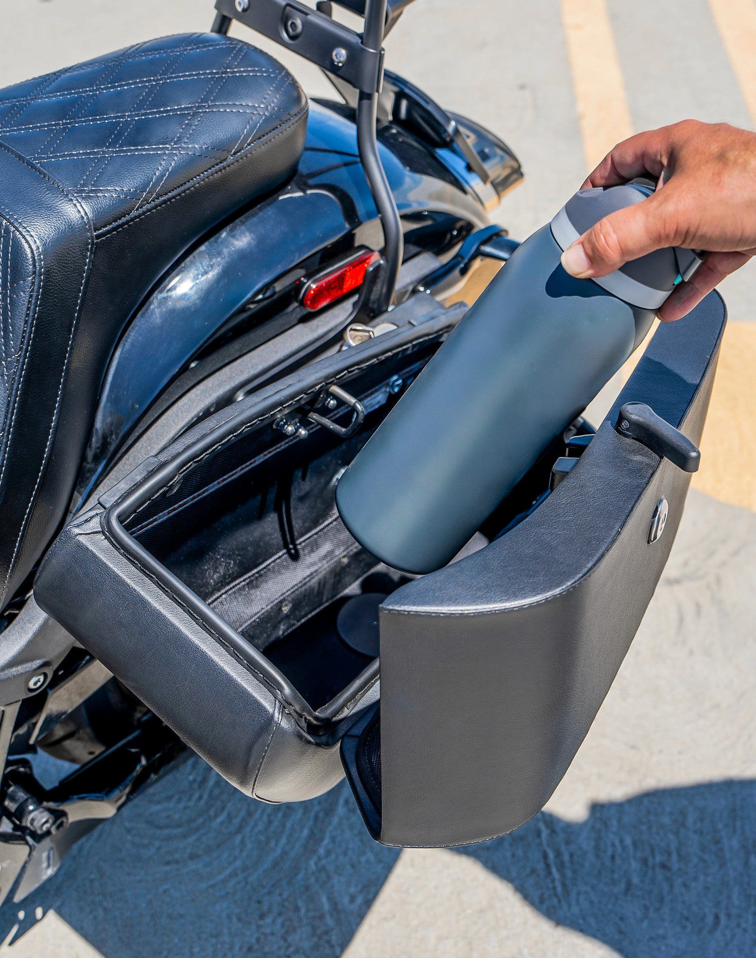 42L - Baldur Extra Large Leather Wrapped Motorcycle Hard Saddlebags for Harley Softail Low Rider S FXLRS Lifestyle