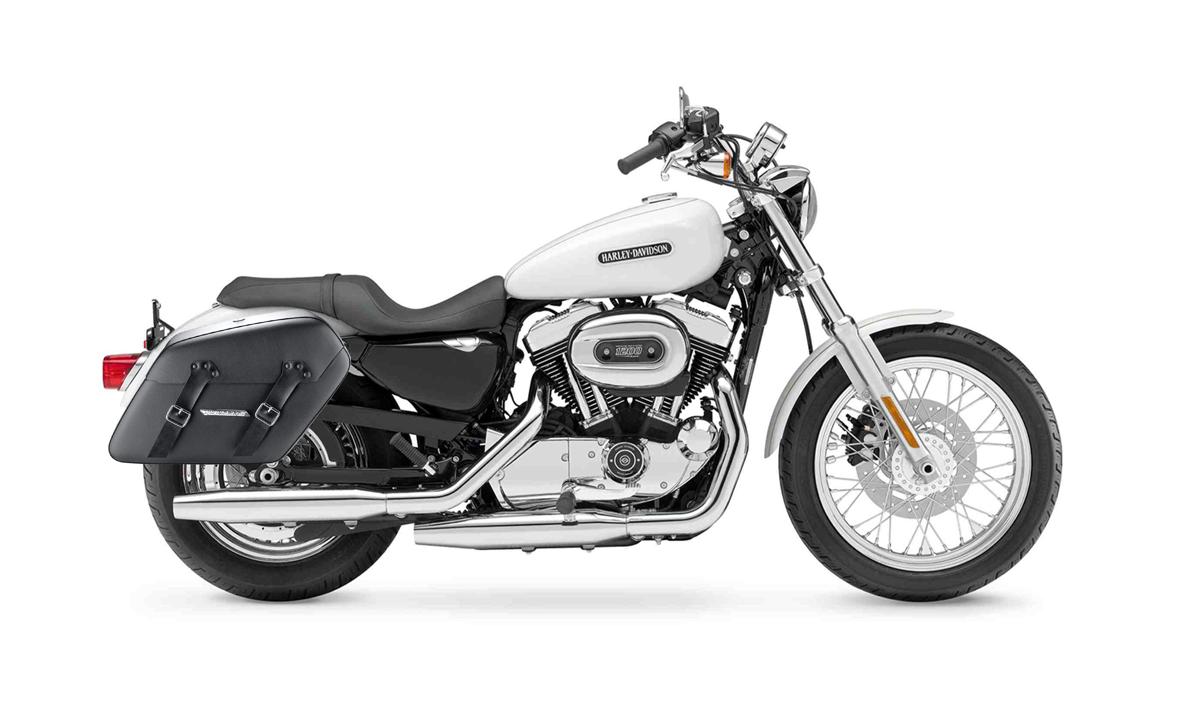 38L - Baldur XL Shock Cutout Harley Sportster 1200 Low XL1200L Leather Wrapped Hard Saddlebags Bag on Bike @expand