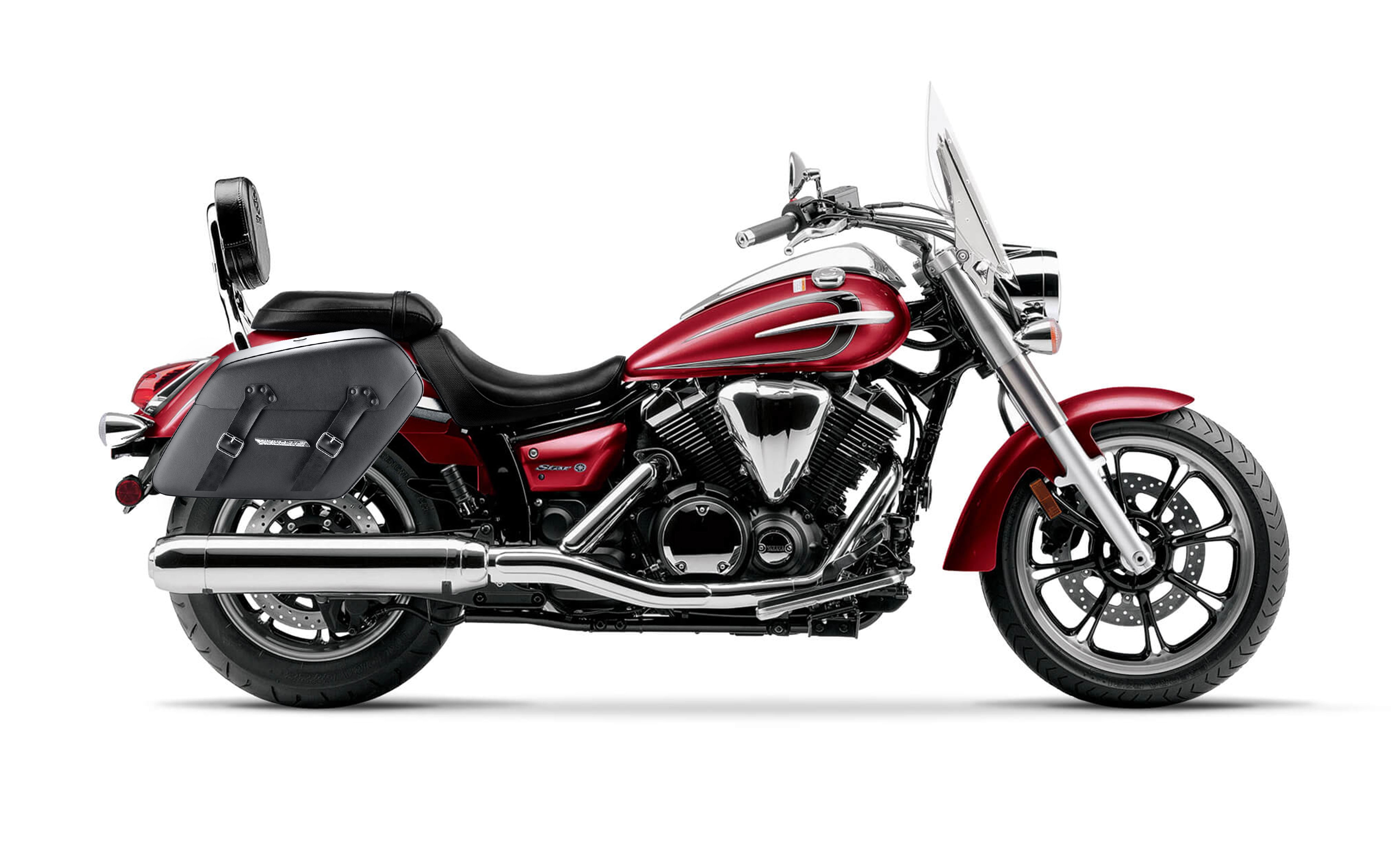 42L - Baldur Extra Large Yamaha V Star 950 Tourer Leather Wrapped Motorcycle Hard Saddlebags Bag on Bike @expand