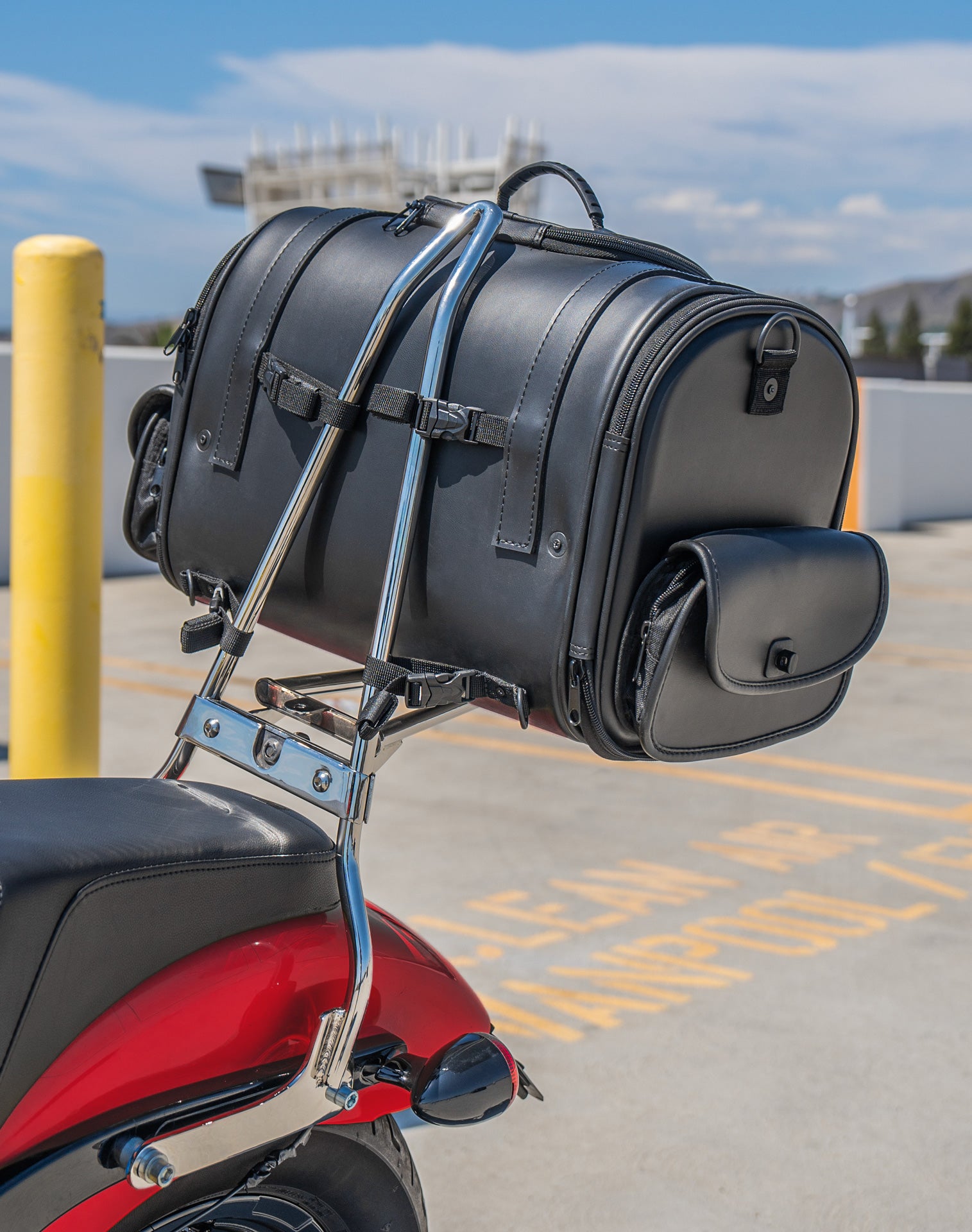 28L - Century Large Kawasaki Leather Motorcycle Sissy Bar Bag Lifestyle Vertical