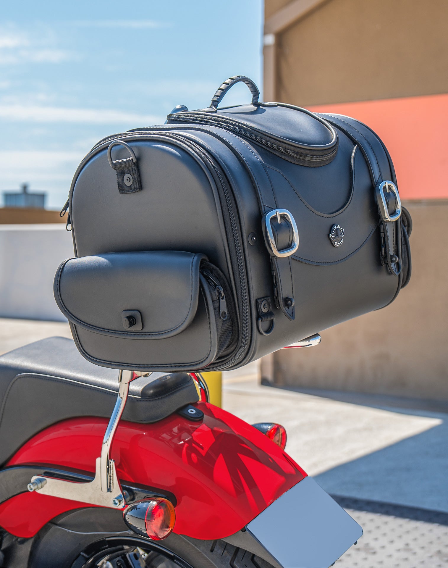 28L - Century Large Leather Motorcycle Trunk Bag Lifestyle Vertical