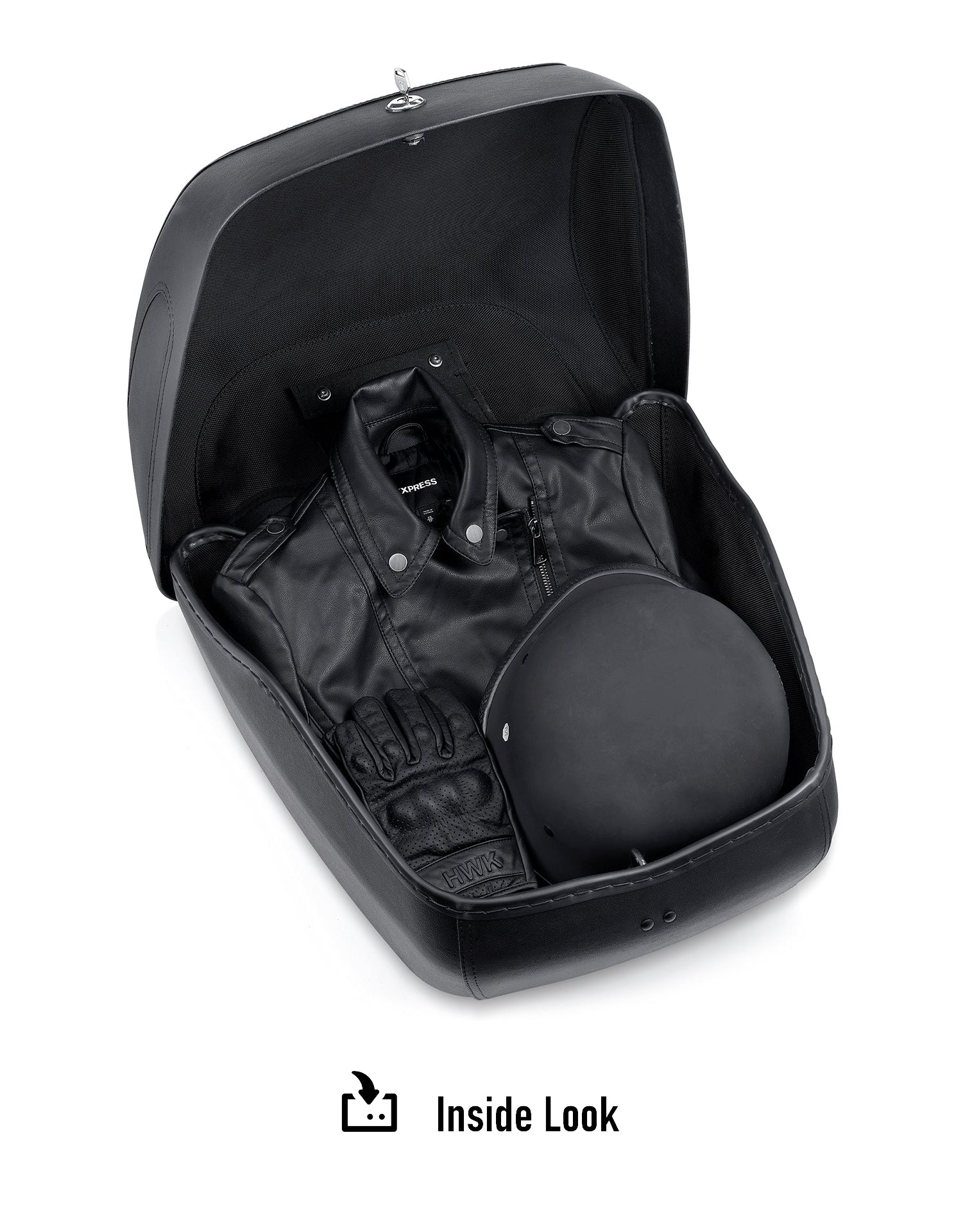 71L - Challenger XL Suzuki Leather Wrapped Hard Motorcycle Trunk Inside Look