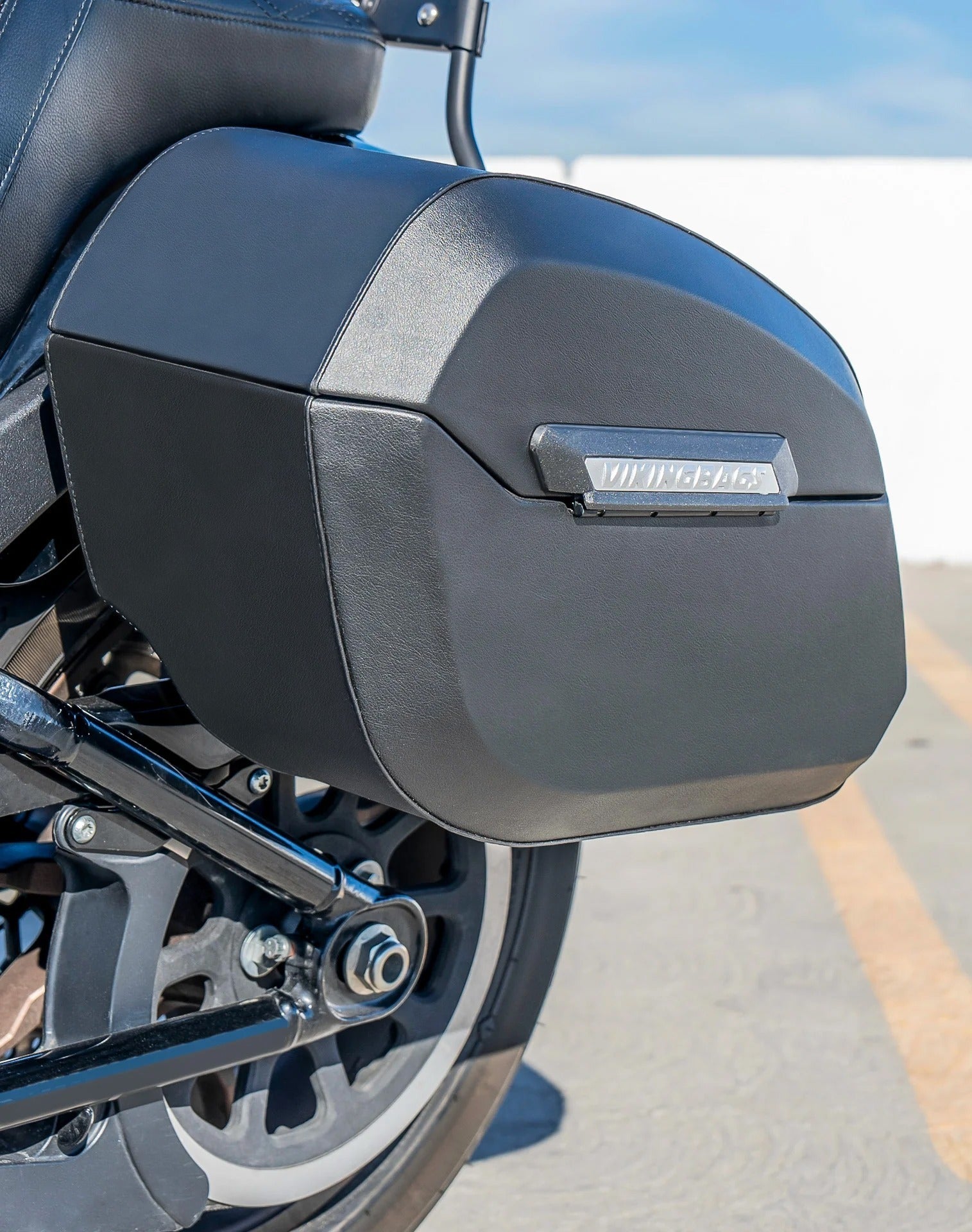 32L - Darkin Large Quick Mount Leather Wrapped Hard Saddlebags for Harley Softail Low Rider S FXLRS Lifestyle