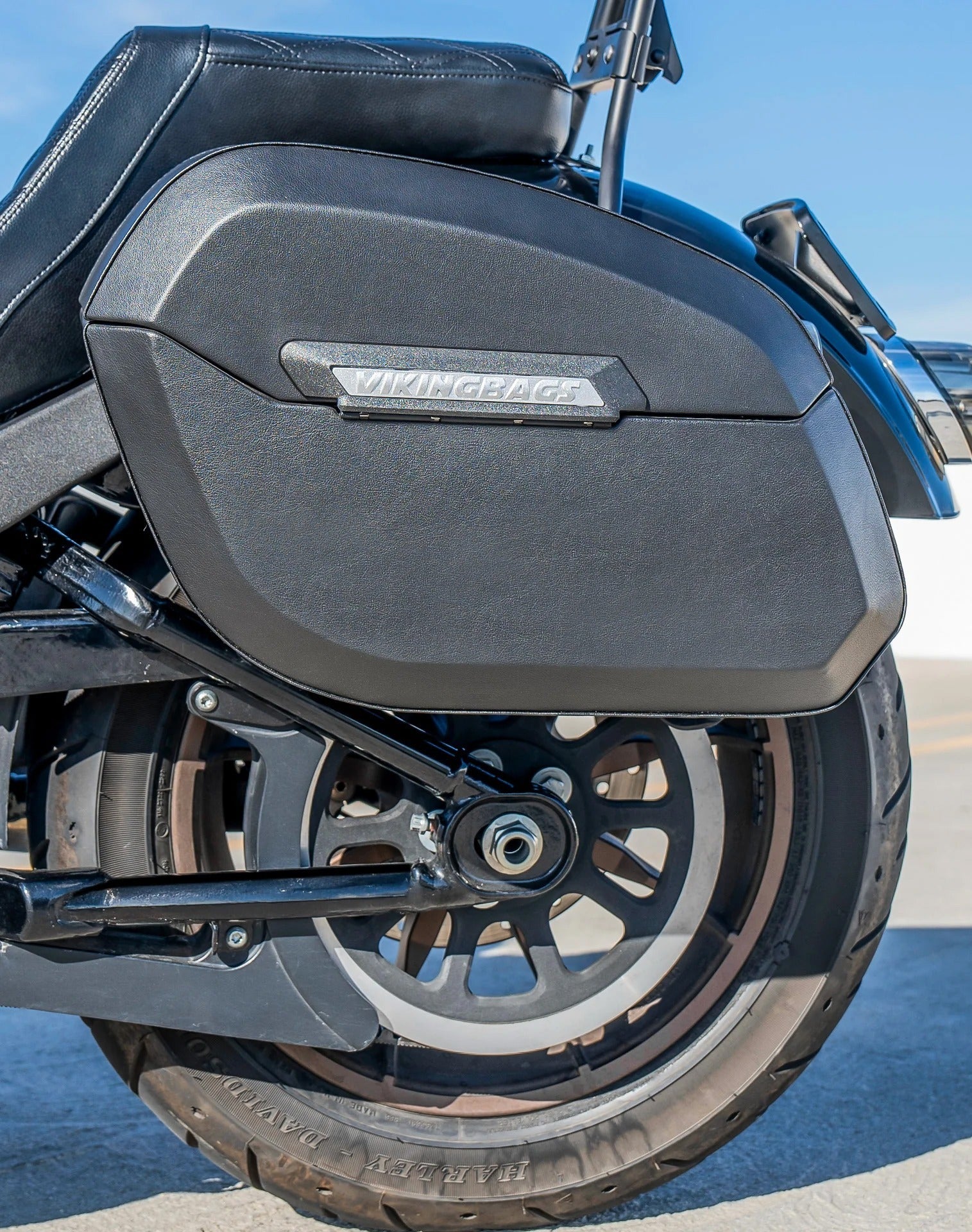 32L - Darkin Large Quick Mount Leather Wrapped Hard Saddlebags for Harley Softail Low Rider S FXLRS Lifestyle