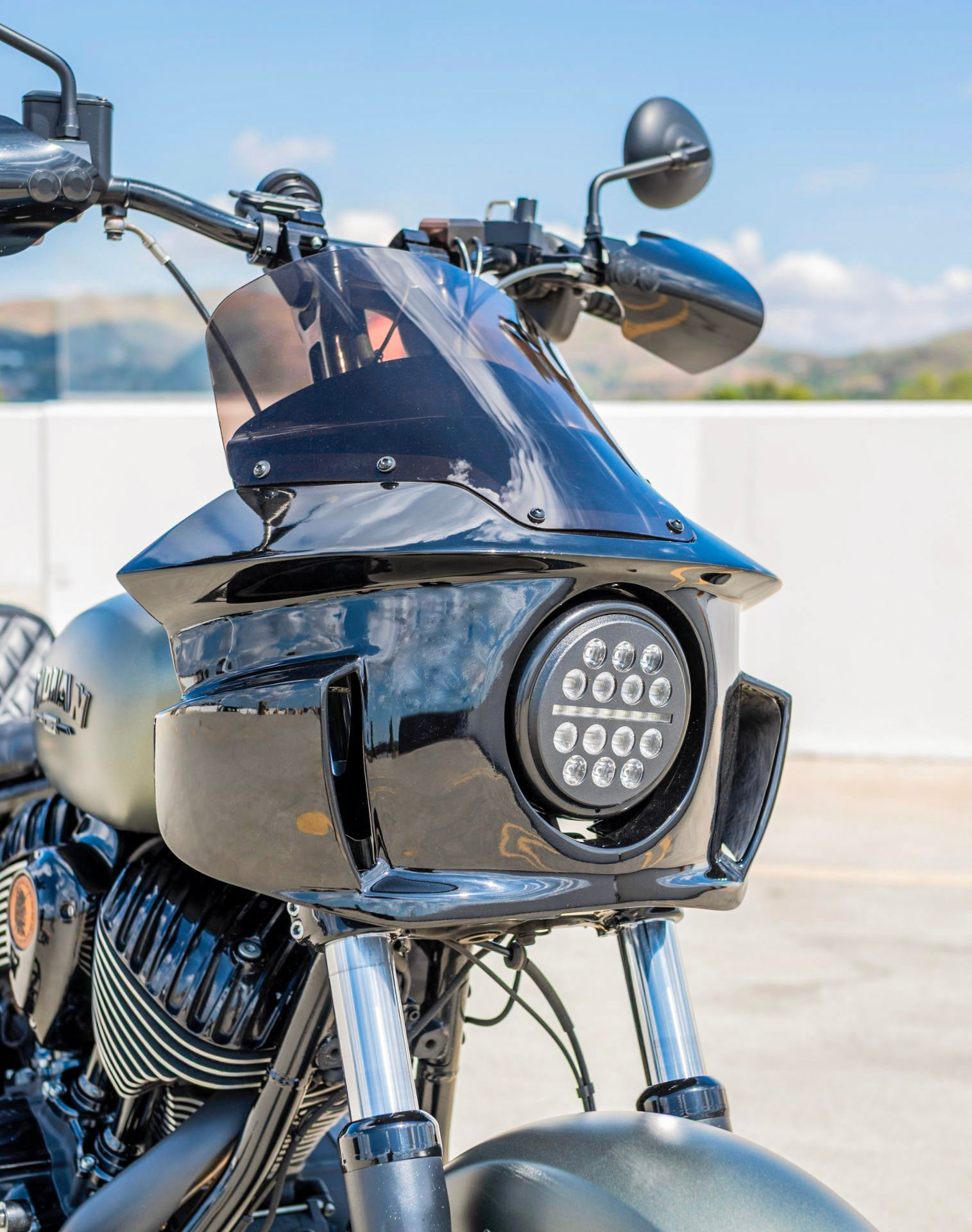 Viking Darkin Indian Chief Motorcycle Fairing Gloss Black Lifestyle Vertical