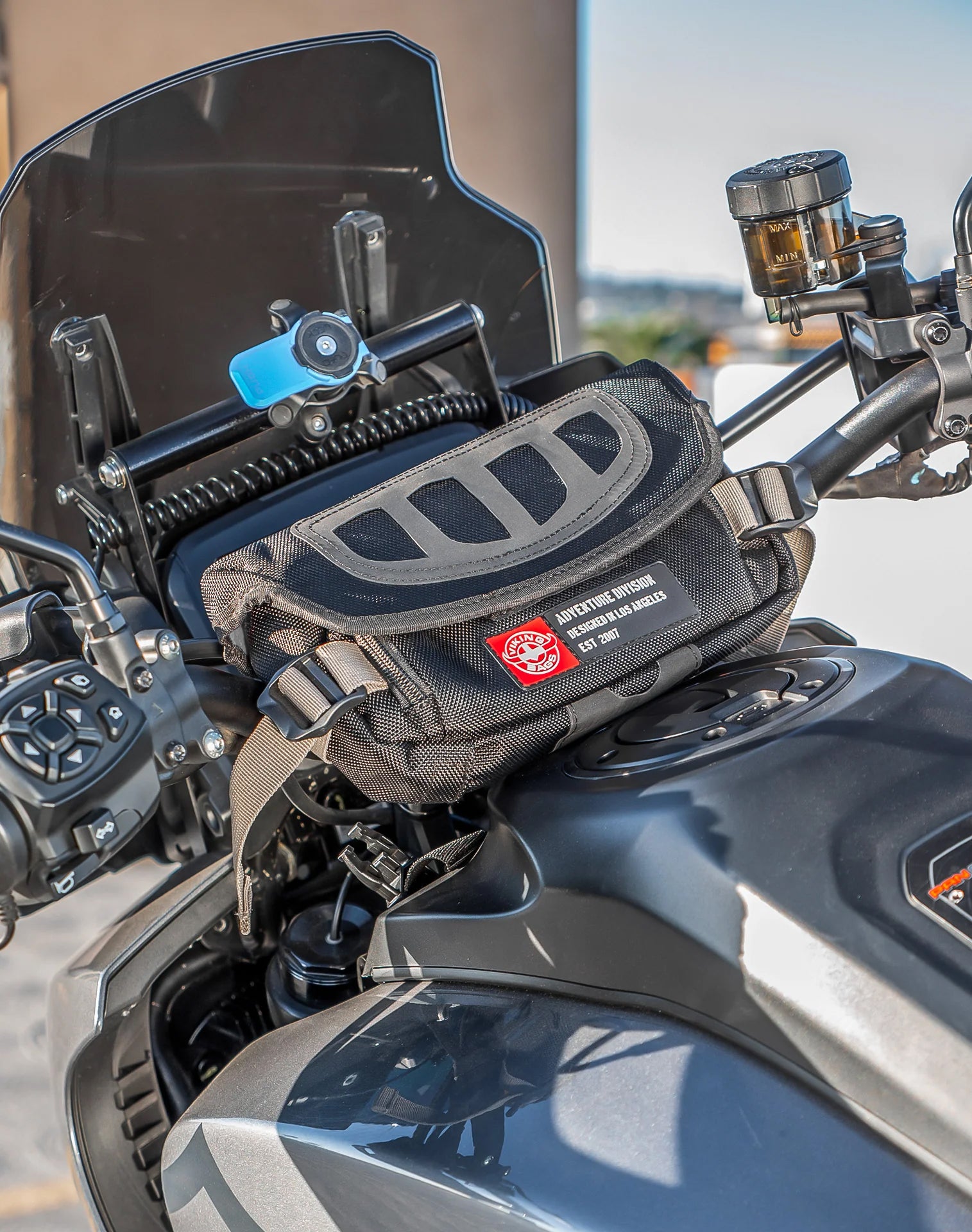 1L - Explorer Handlebar Bag For Adventure Touring Motorcycle Lifestyle Image