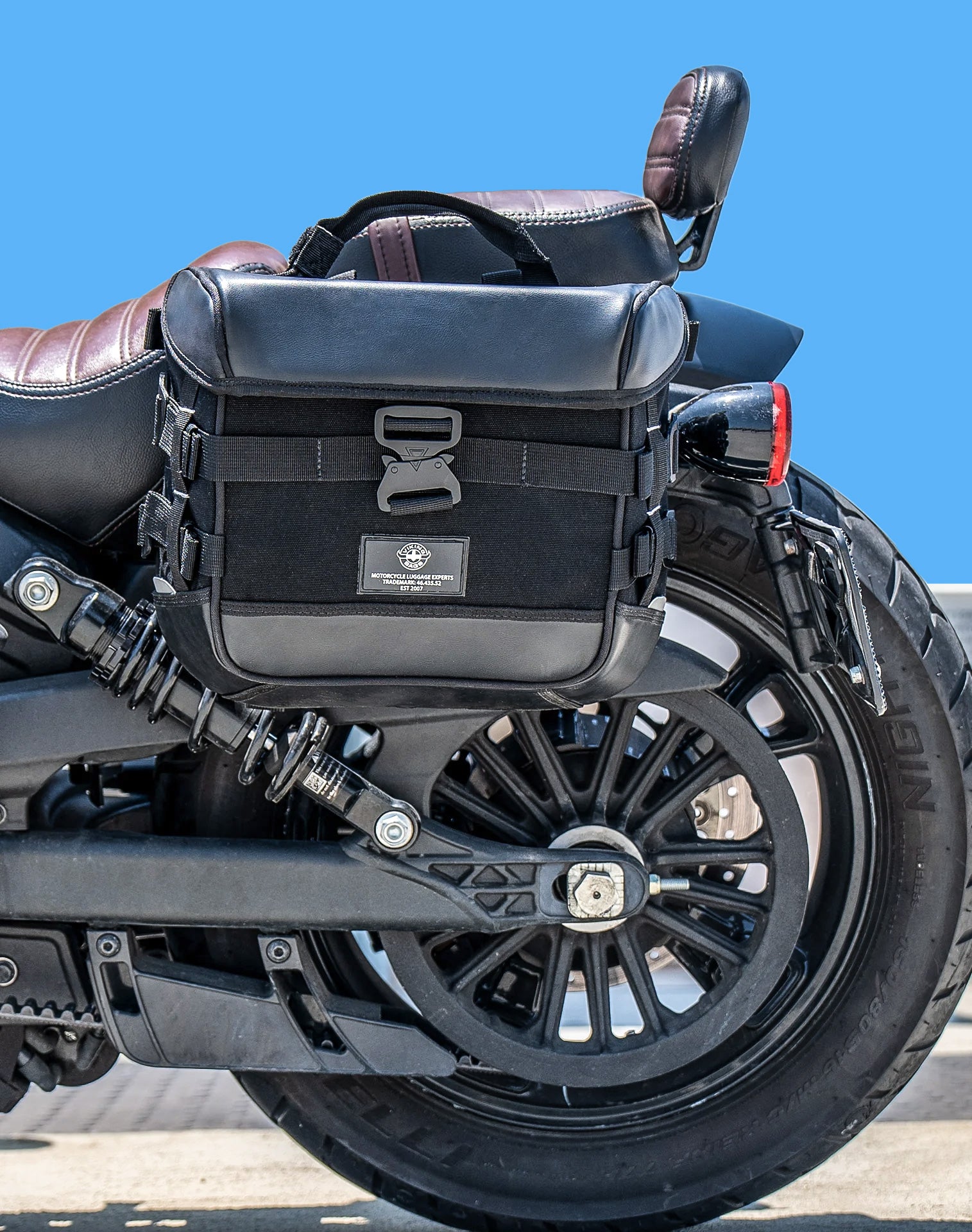 20L - Incognito Quick-Mount Small Indian Scout Rogue Saddlebags Vertical Lifestyle