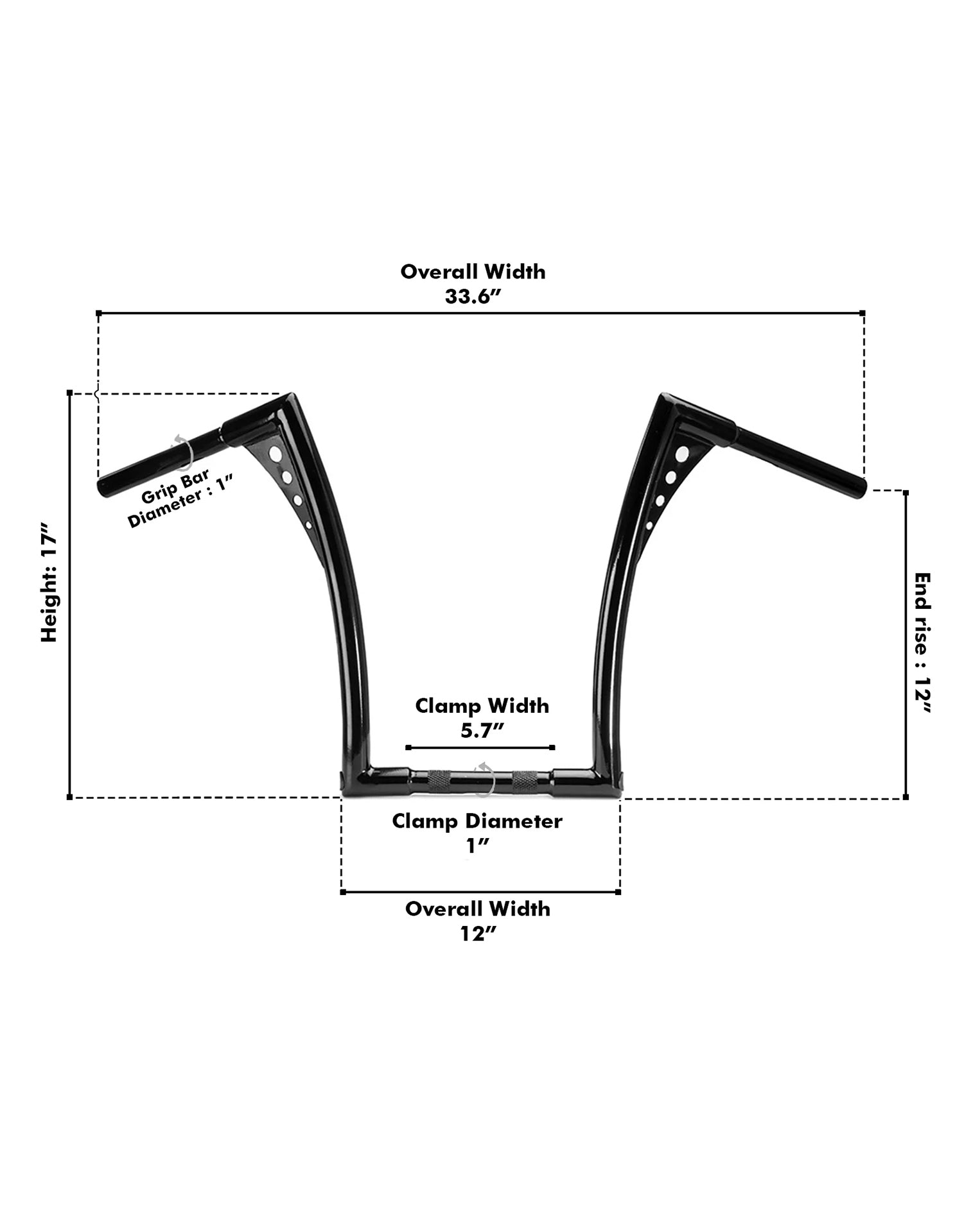 Viking Iron Born 12" Handlebar For Harley Softail Custom FXSTC Gloss Black Dimensions Image
