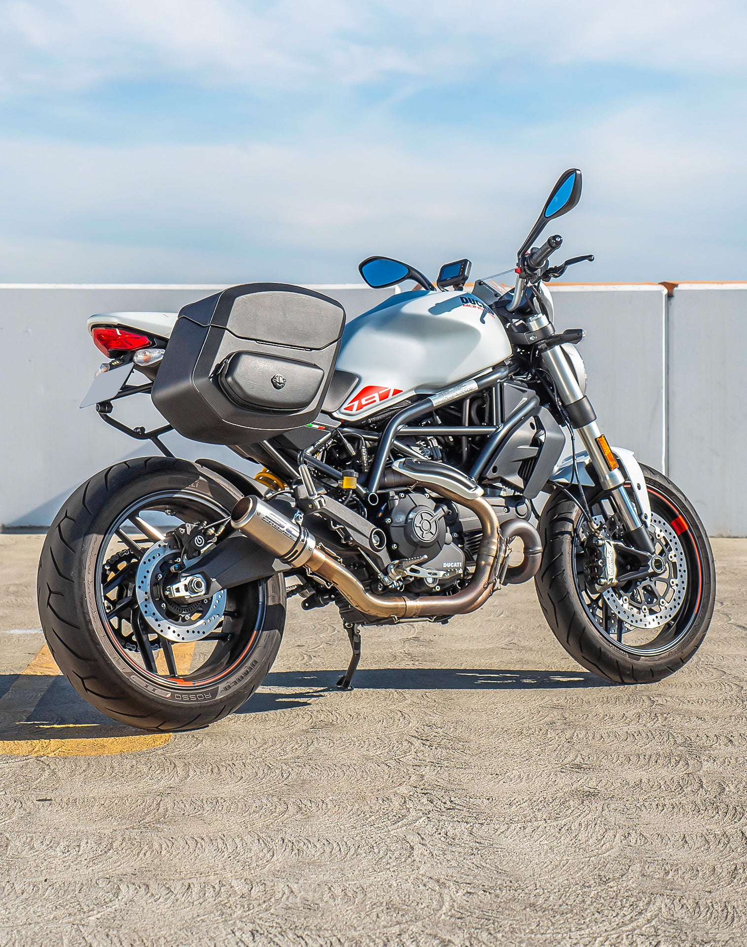 24L - Ironclad Quick-Mount Medium Ducati Monster 797 Leather Wrapped Hard Saddlebags Life Style 1