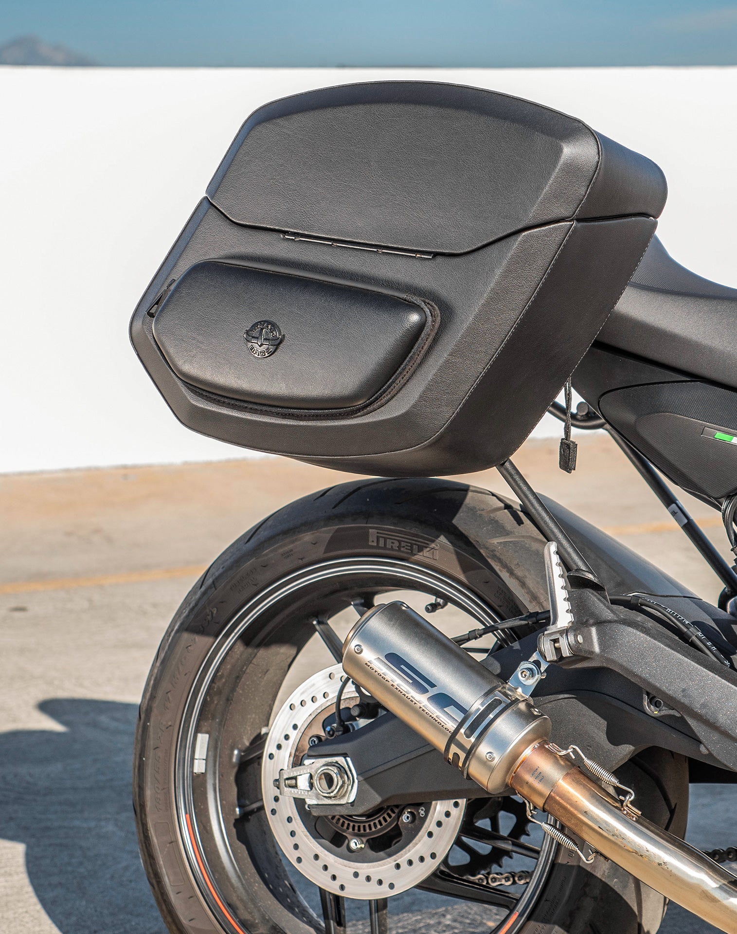 24L - Ironclad Quick-Mount Medium Ducati Monster 797 Leather Wrapped Hard Saddlebags Life Style 2