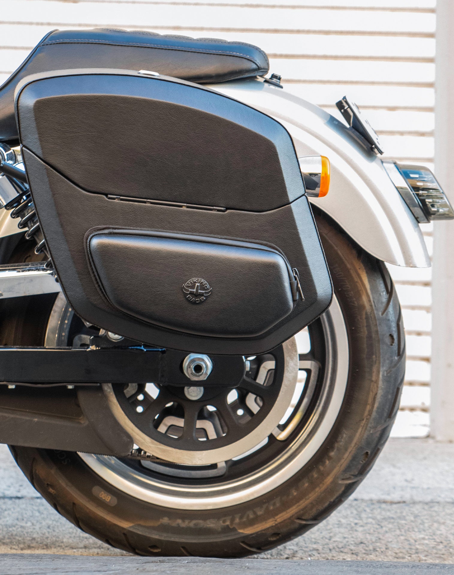 24L - Ironclad Quick-Mount Medium Harley Dyna Low Rider FXDL Leather Wrapped Hard Saddlebags Life Style 2