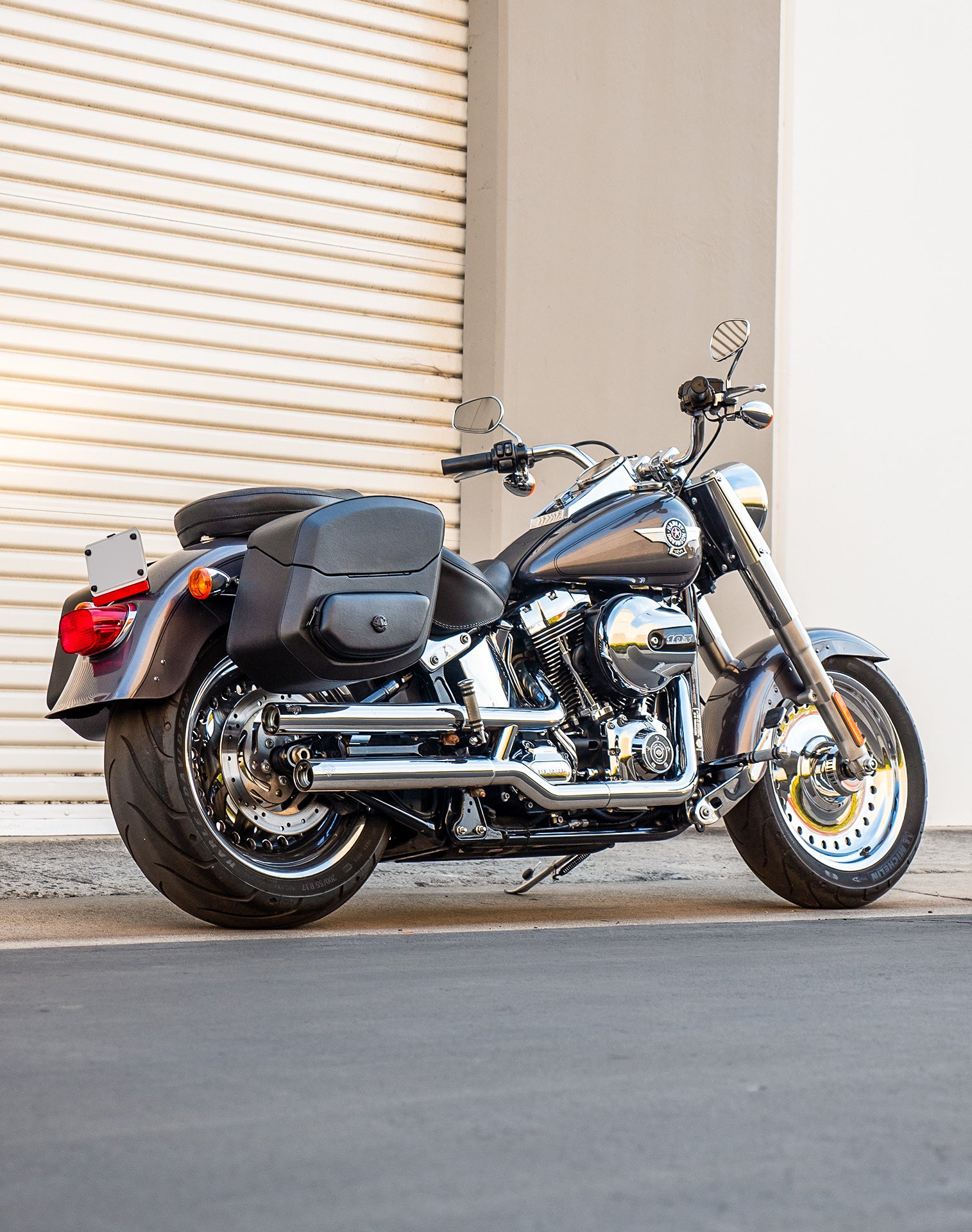 24L - Ironclad Quick-Mount Medium Leather Wrapped Hard Saddlebags for Harley Softail Fat Boy FLSTF/I Life Style 1