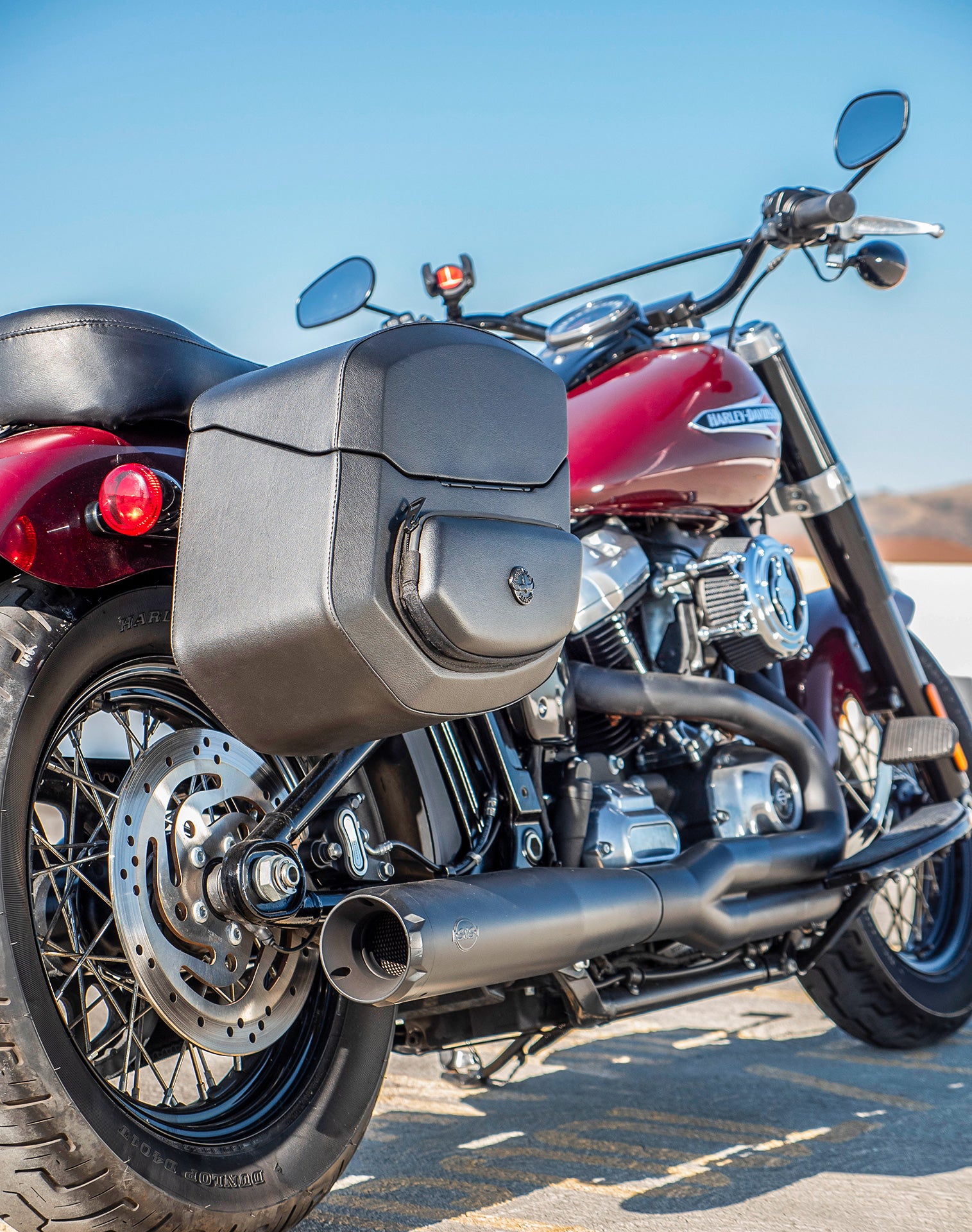 24L - Ironclad Quick-Mount Medium Harley Softail Slim FLSL Leather Wrapped Hard Saddlebags Life Style 1