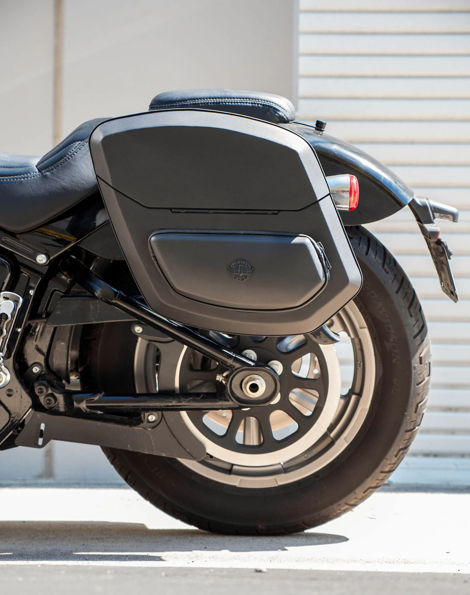 24L - Ironclad Quick-Mount Medium Harley Softail Standard FXST Leather Wrapped Hard Saddlebags Life Style 2