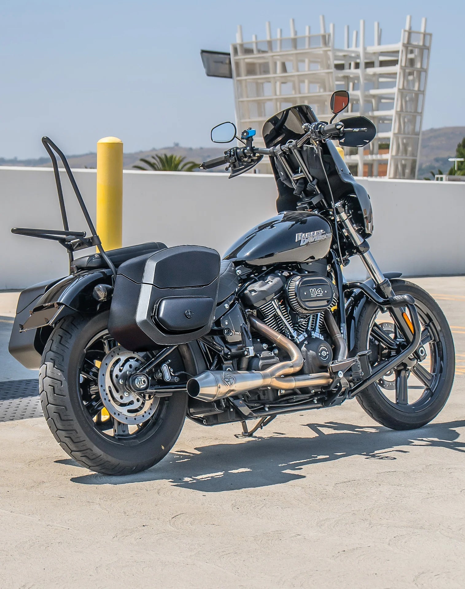 24L - Ironclad Quick-Mount Medium Harley Softail Street Bob Leather Wrapped Hard Saddlebags Life Style 1