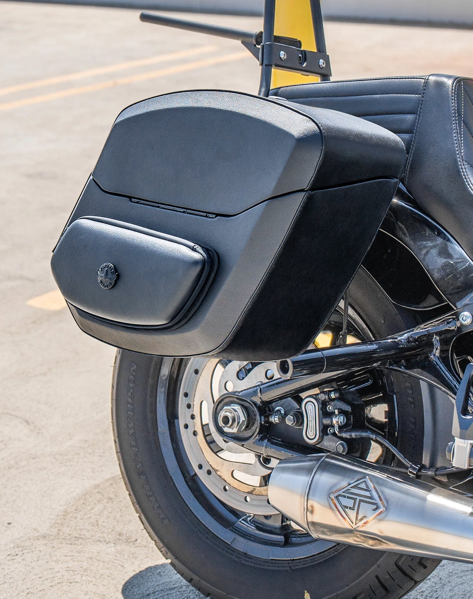 24L - Ironclad Quick-Mount Medium Harley Softail Street Bob Leather Wrapped Hard Saddlebags Life Style 3