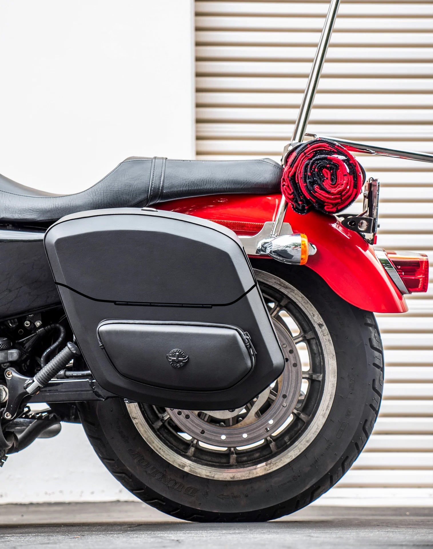 24L - Ironclad Quick-Mount Medium Harley Sportster 883 Low XL883L Leather Wrapped Hard Saddlebags Life Style 2