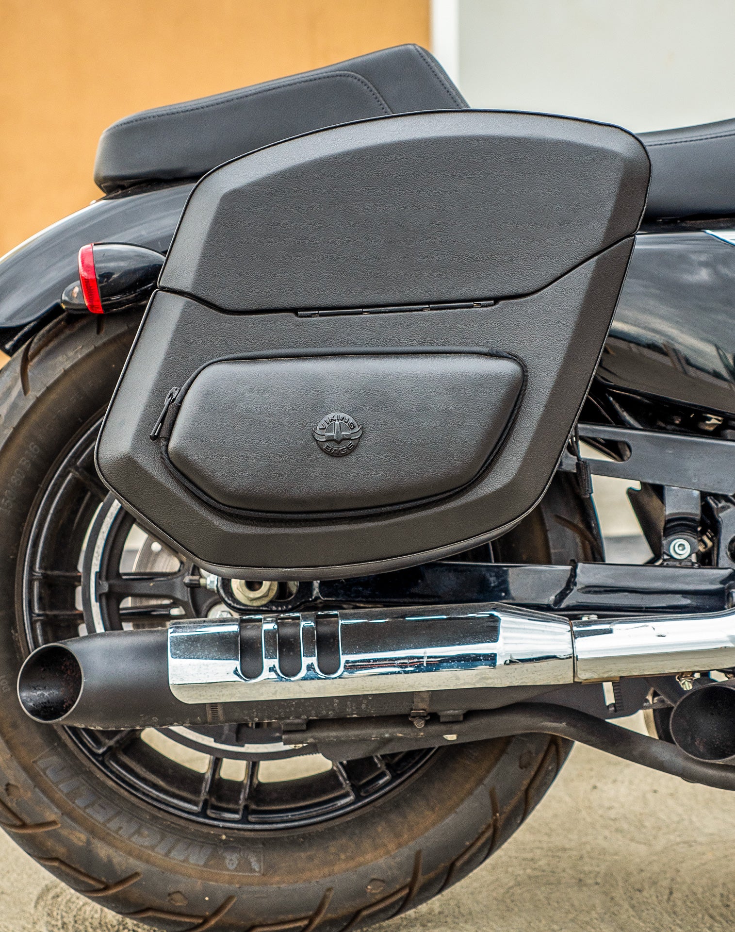 24L - Ironclad Quick-Mount Medium Harley Sportster Forty Eight Leather Wrapped Hard Saddlebags Life Style 2