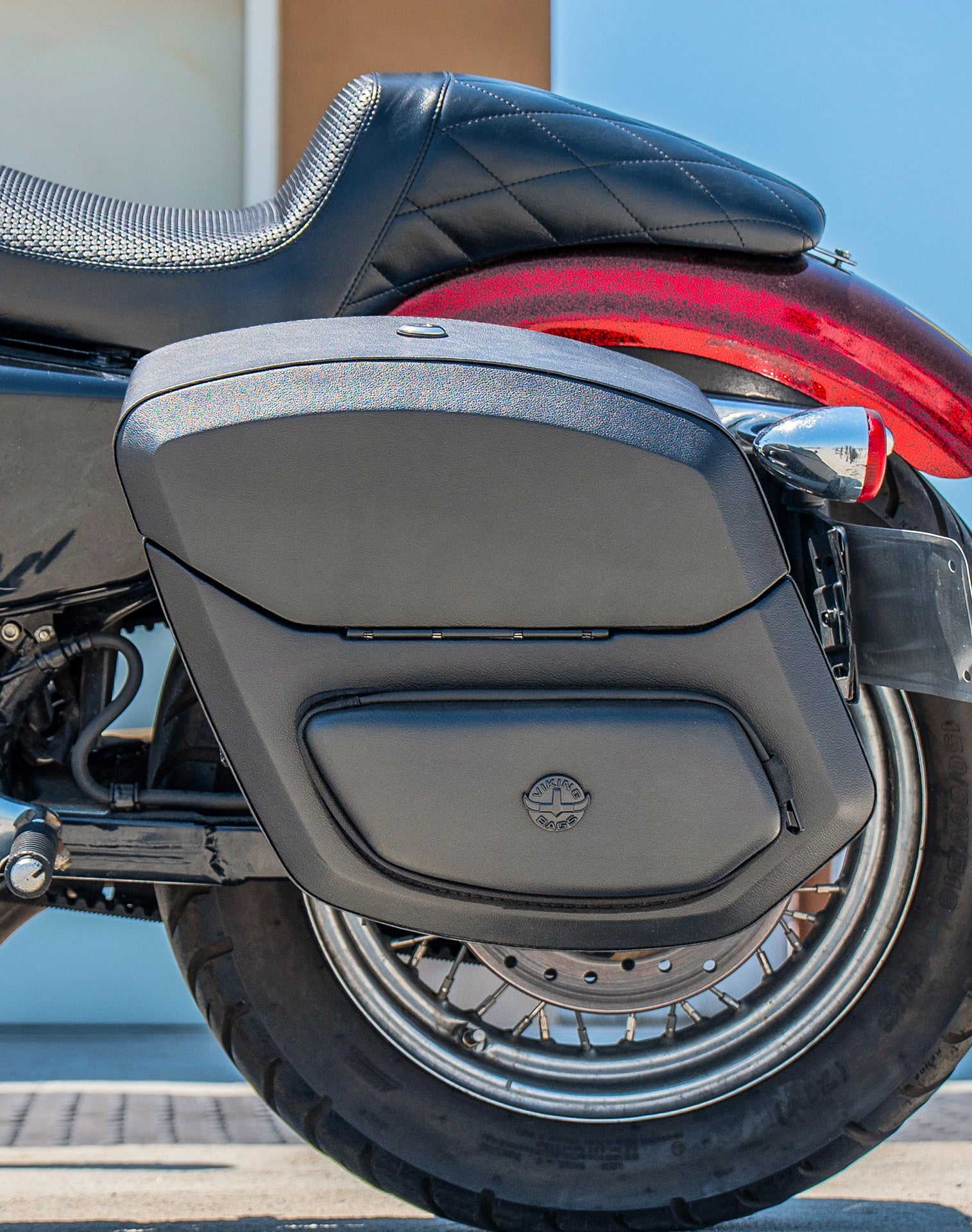 24L - Ironclad Quick-Mount Medium Harley Sportster Seventy Two Leather Wrapped Hard Saddlebags Life Style 2