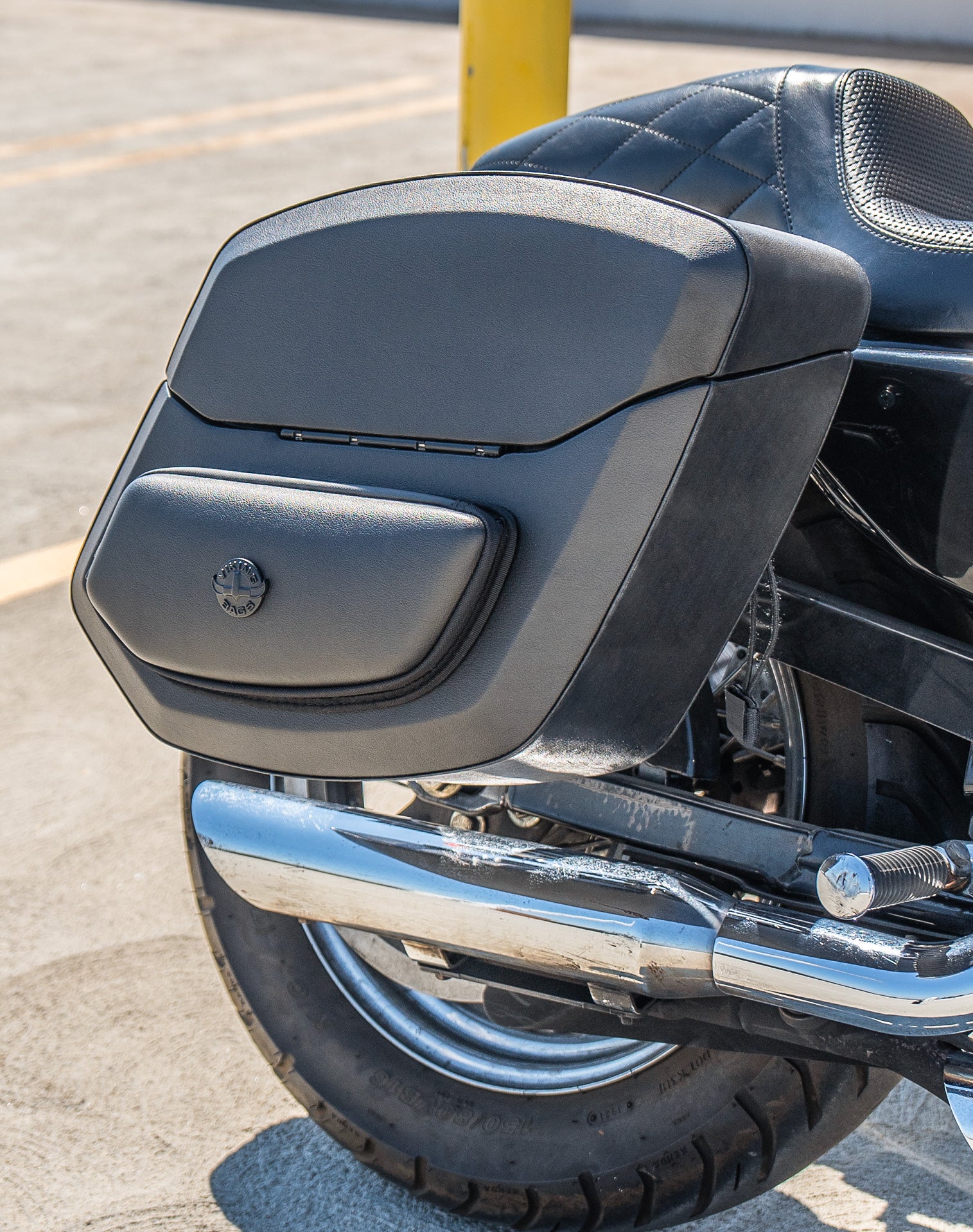 24L - Ironclad Quick-Mount Medium Harley Sportster Seventy Two Leather Wrapped Hard Saddlebags Life Style 3