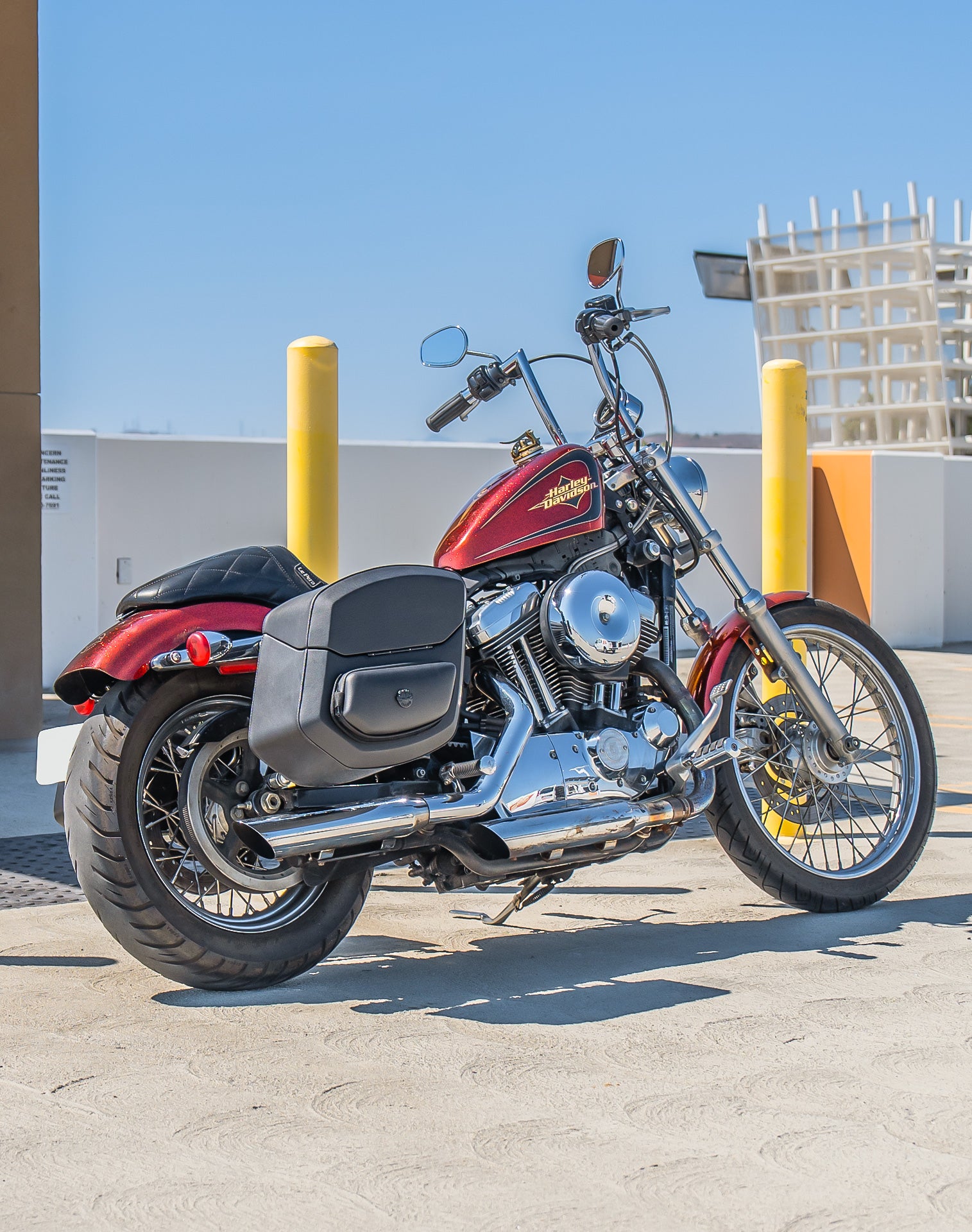 24L - Ironclad Quick-Mount Medium Harley Sportster Seventy Two Leather Wrapped Hard Saddlebags Life Style 1