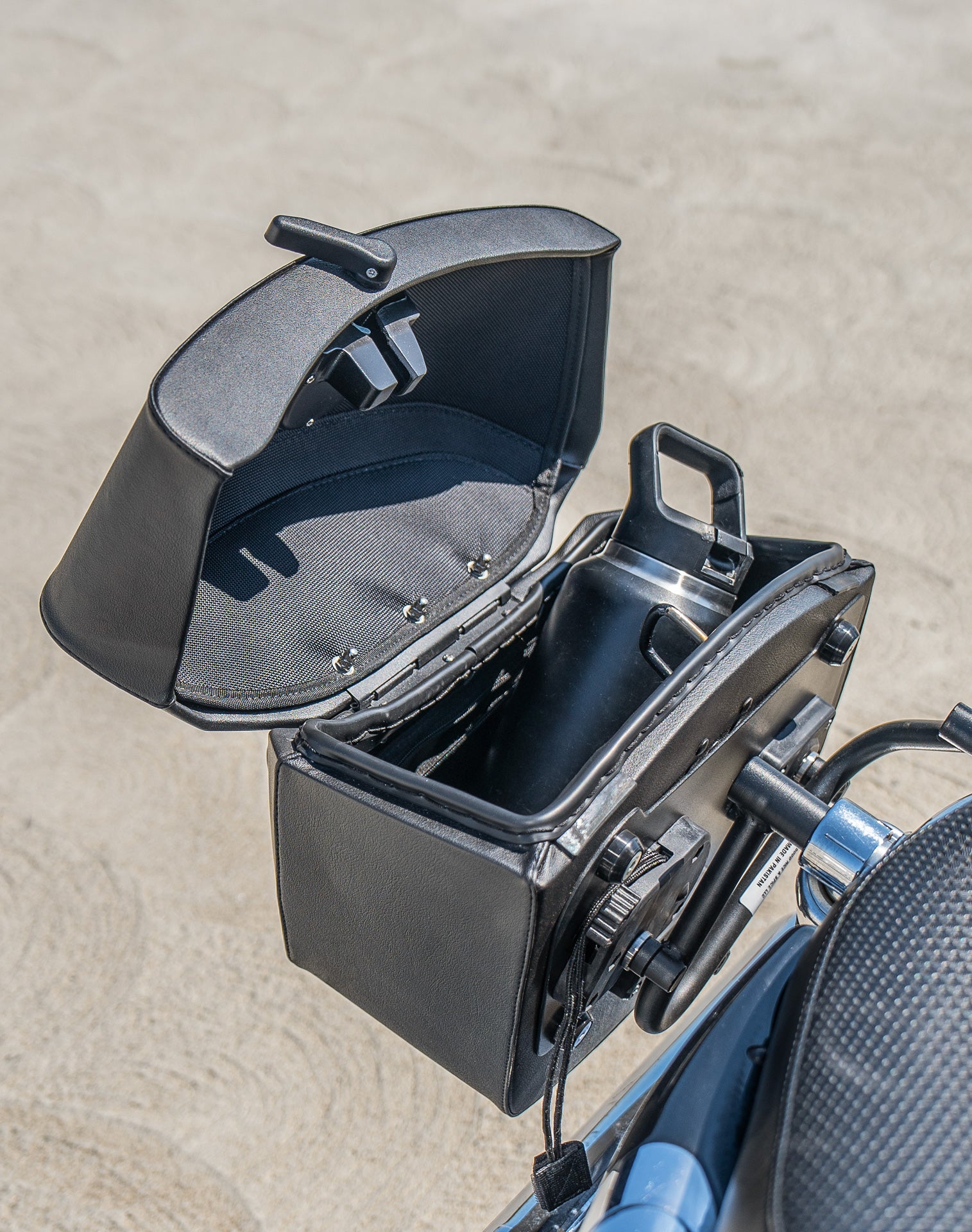 24L - Ironclad Quick-Mount Medium Harley Sportster Seventy Two Leather Wrapped Hard Saddlebags Life Style 4