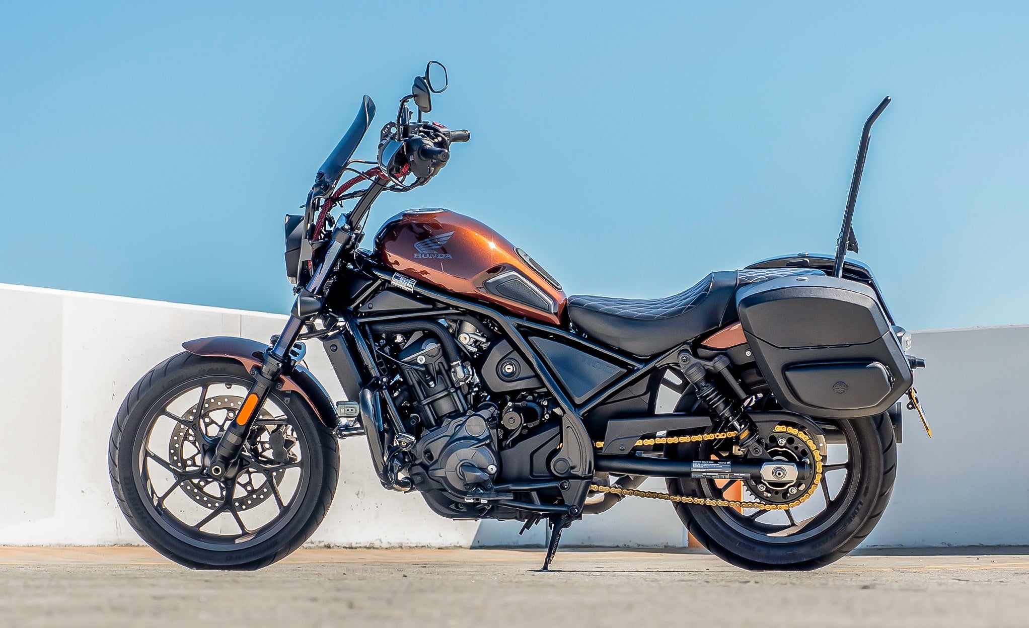 24L - Ironclad Quick-Mount Medium Honda Rebel 1100 Leather Wrapped Hard Saddlebags Life Style Photo @expand