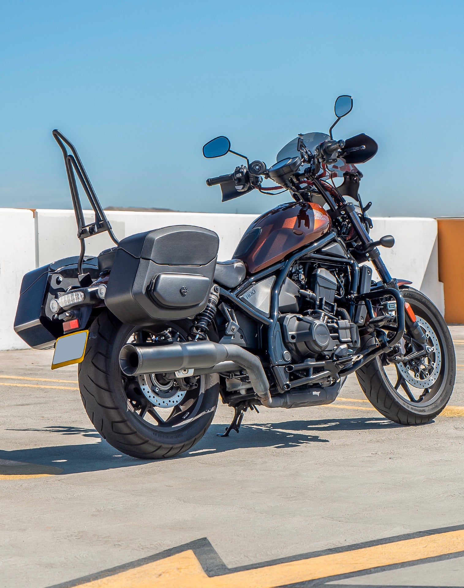 24L - Ironclad Quick-Mount Medium Honda Rebel 1100 Leather Wrapped Hard Saddlebags Life Style 1