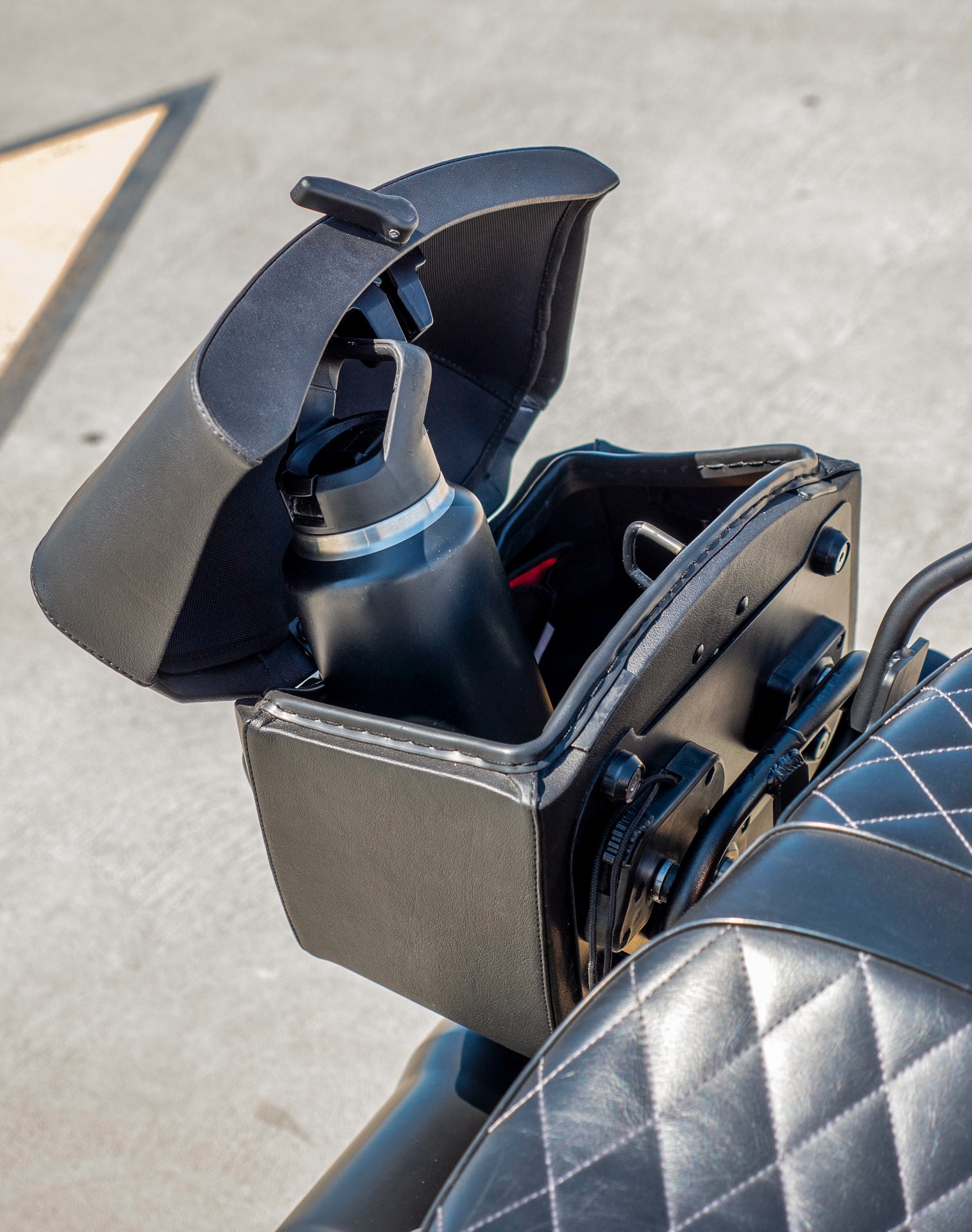 24L - Ironclad Quick-Mount Medium Honda Rebel 1100 Leather Wrapped Hard Saddlebags Life Style 4