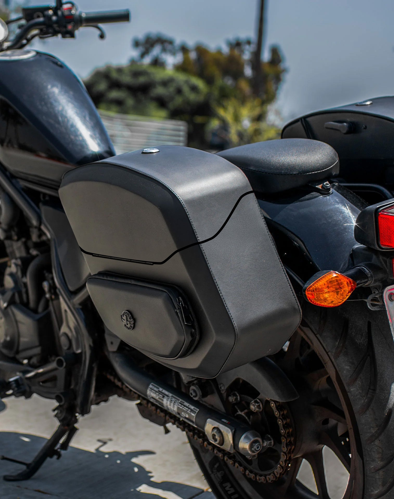 24L - Ironclad Quick-Mount Medium Honda Rebel 500 Leather Wrapped Hard Saddlebags Life Style 3